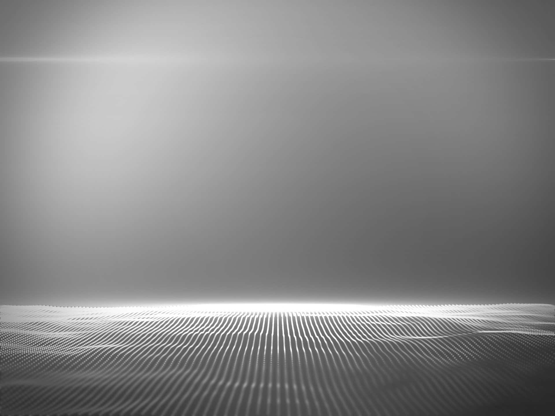 Grey Texture 桌布 壁紙 — 在柔和漸變天空下，發光的波浪狀線條形成地平線的極簡數位風景。