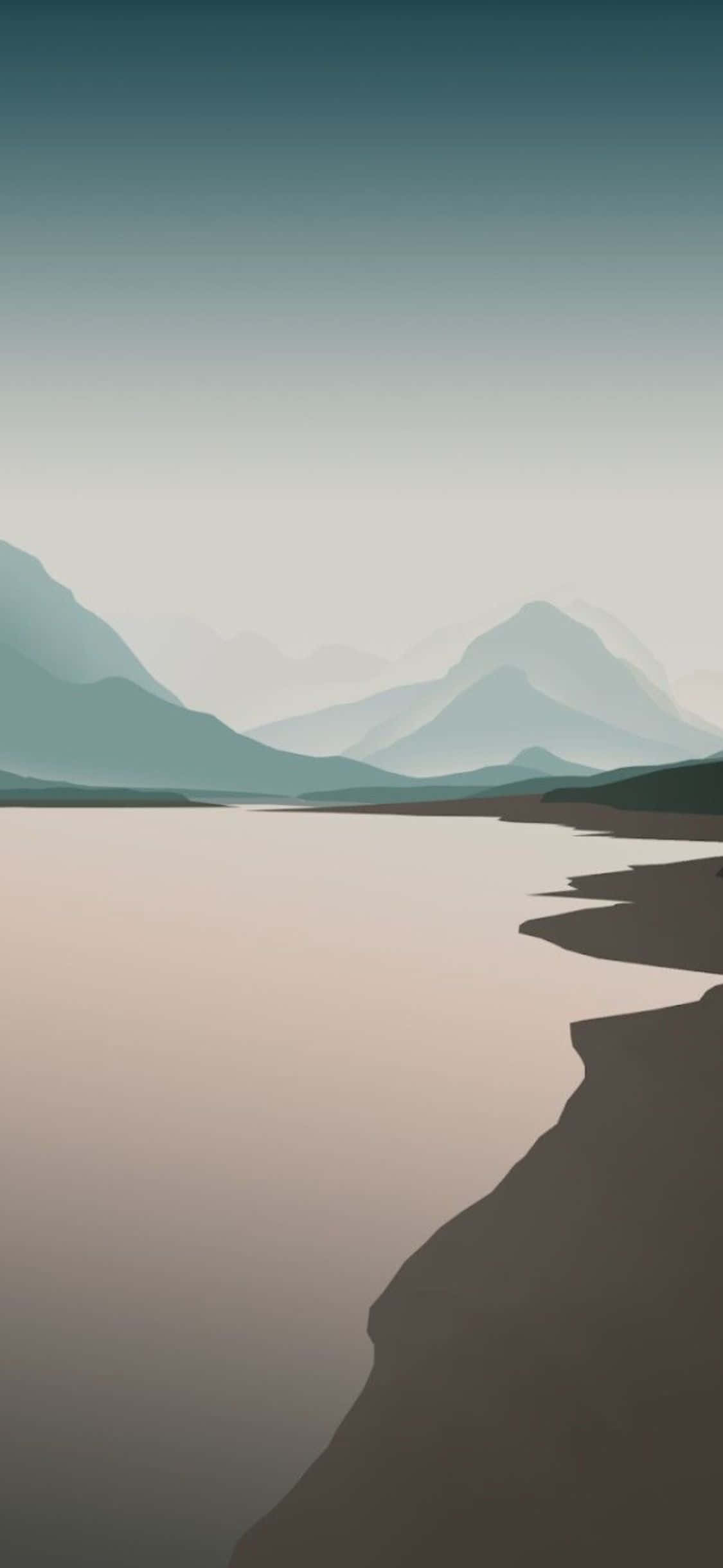 iPhone X Minimal 桌布 壁紙 — 在柔和漸變的天空下，層層疊疊的山巒逐漸消失在薄霧中的寧靜極簡湖泊。