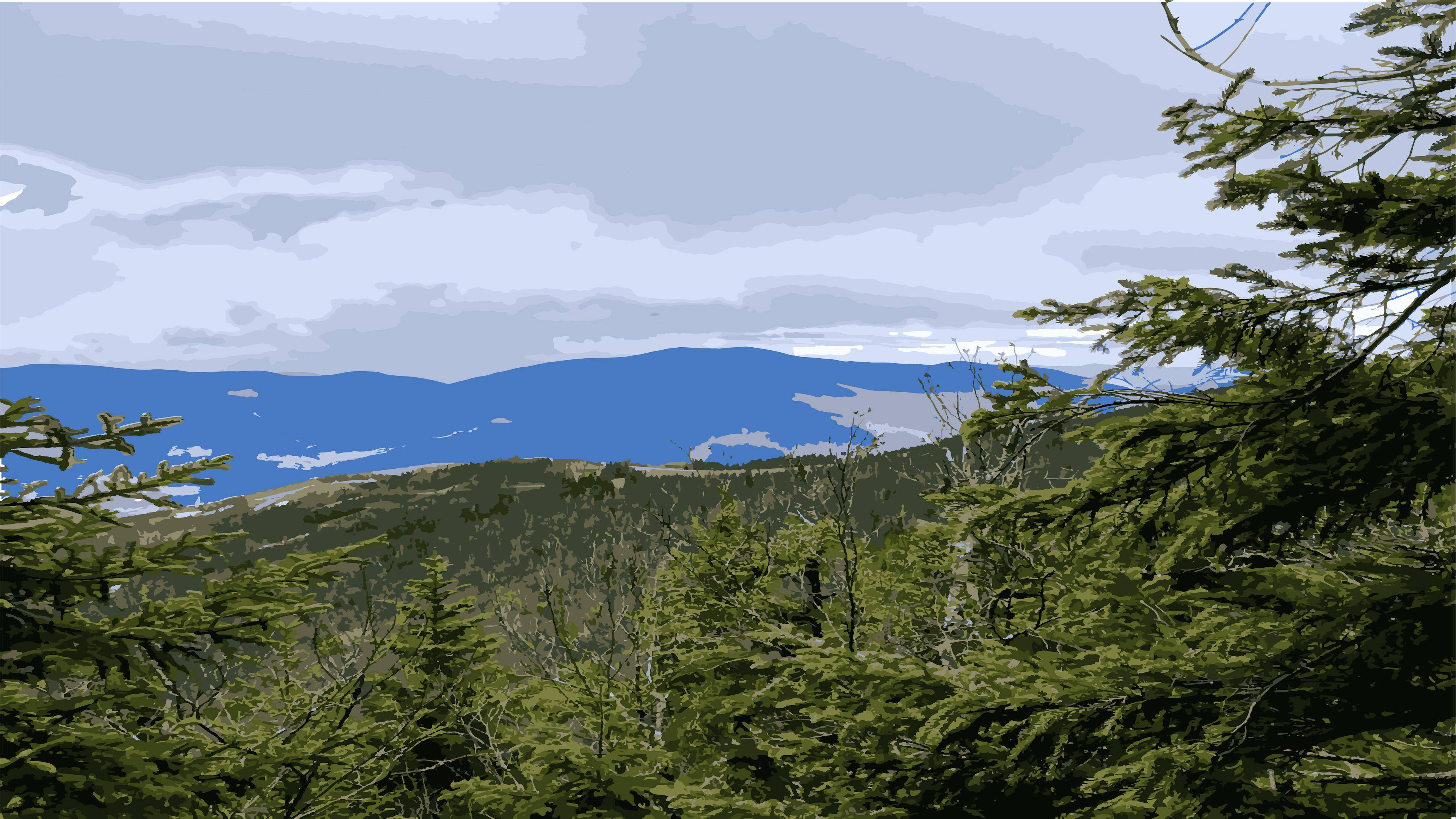 vector 桌布 壁紙 — 在柔和灰色天空下，被茂密常綠樹環繞的風格化山景。