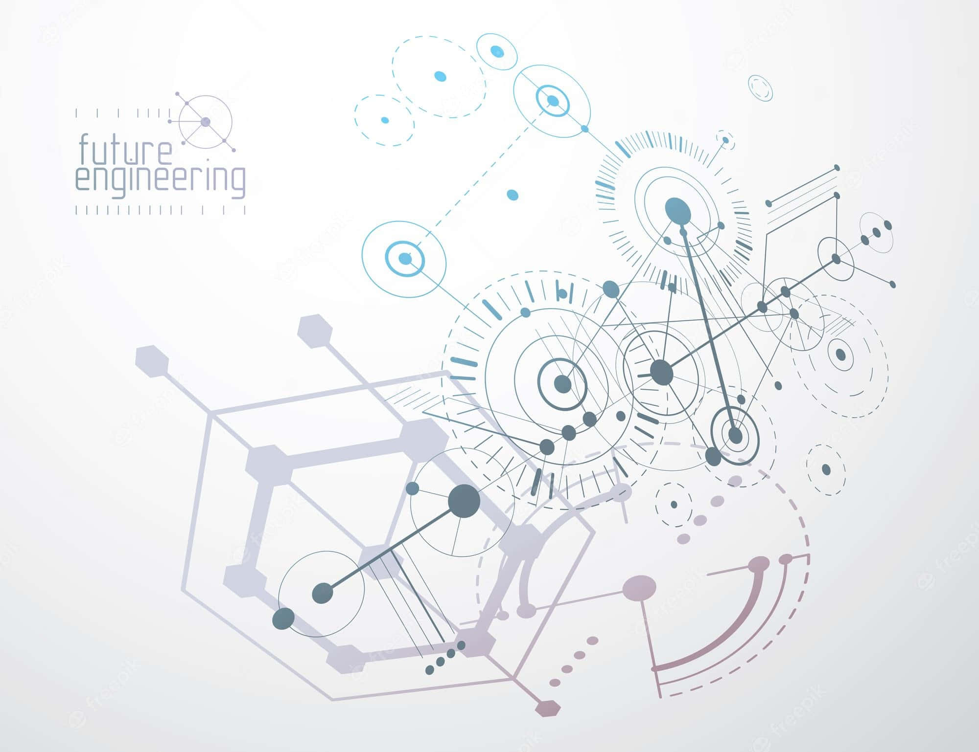 engineering 桌布 壁紙 — 在柔和白色背景上，以冷色調呈現相互連接的幾何形狀和電路的抽象數位插圖。
