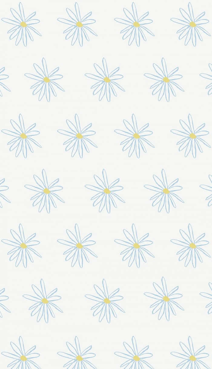 Flowers Aesthetic 桌布 壁紙 — 在柔和的奶油色背景上，帶有淺藍色輪廓和黃色中心的精緻雛菊重複圖案。