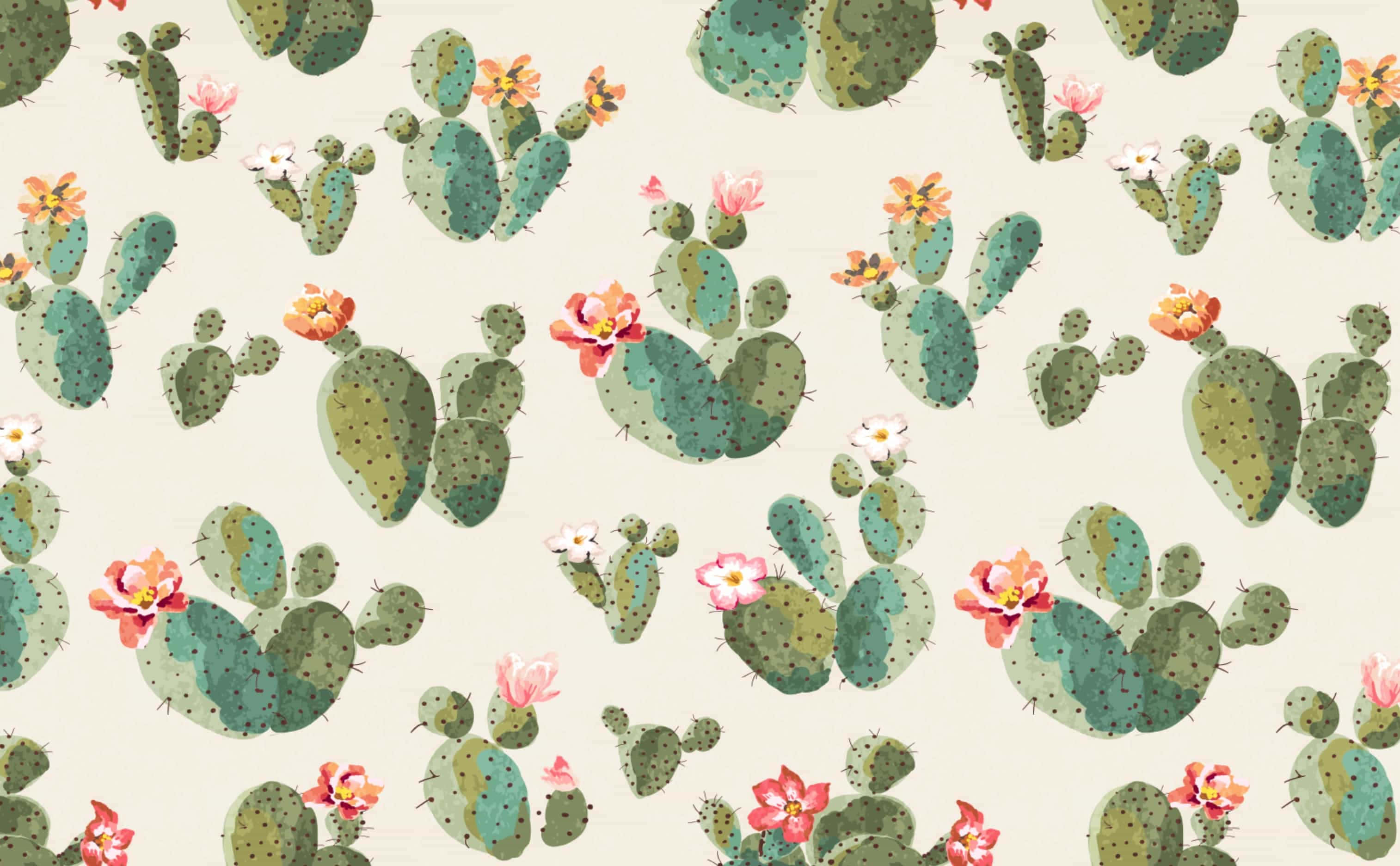 Cactus 桌布 壁紙 — 在柔和的奶油色背景上，重複的綠色仙人掌圖案，帶有粉紅色和橙色的花朵。