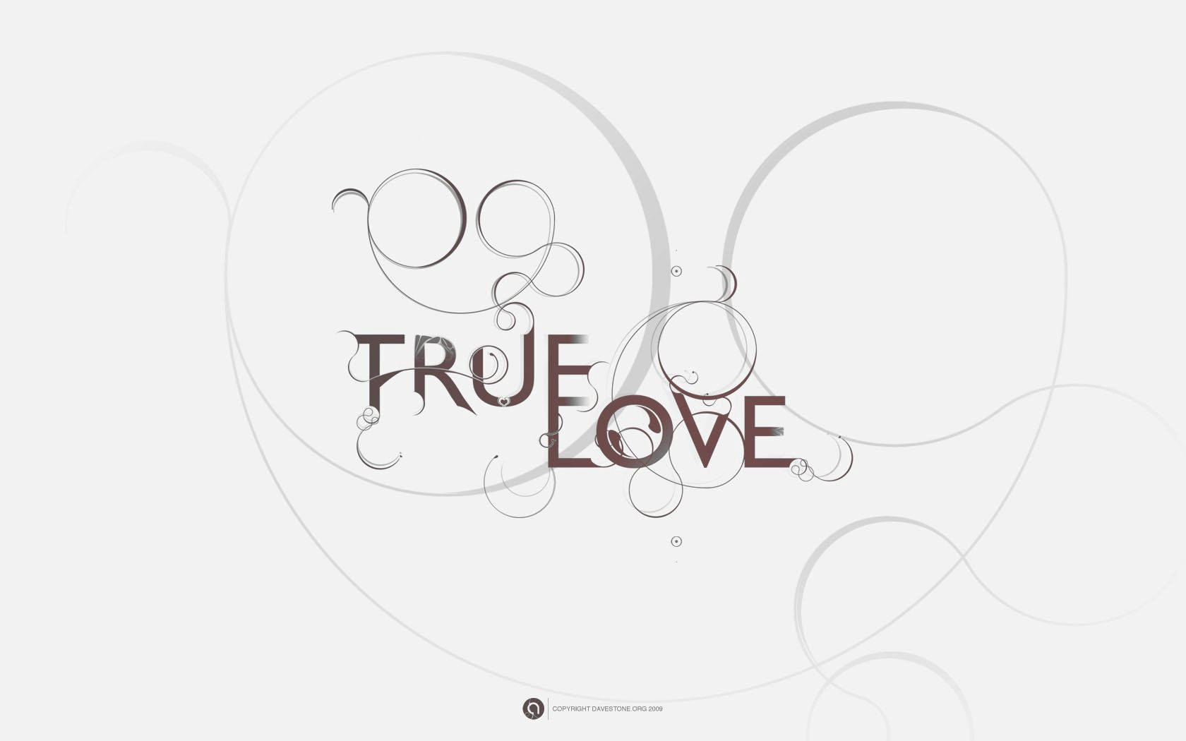 愛心 桌布 壁紙 — 在柔和的灰色背景上，優雅的字體拼寫出 true love，並帶有旋轉的裝飾元素。