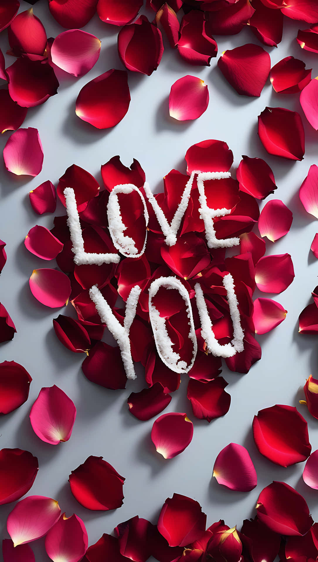 Love You in Rose Petals – Romantic Message Wallpaper 壁紙 — 在柔和的灰色背景上，用白色糖拼寫的love you一詞，置於鮮豔的紅玫瑰花瓣床上。