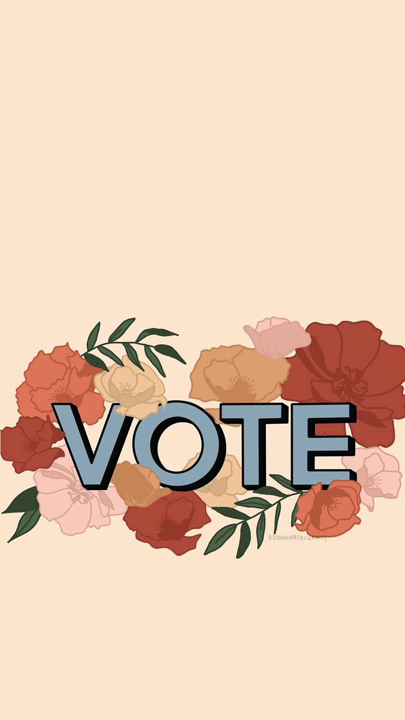 Election 桌布 壁紙 — 在柔和的米色背景上，大膽的藍色 'VOTE' 文字居中，周圍環繞著由紅色、粉紅色和橙色組成的鮮豔花卉佈置。