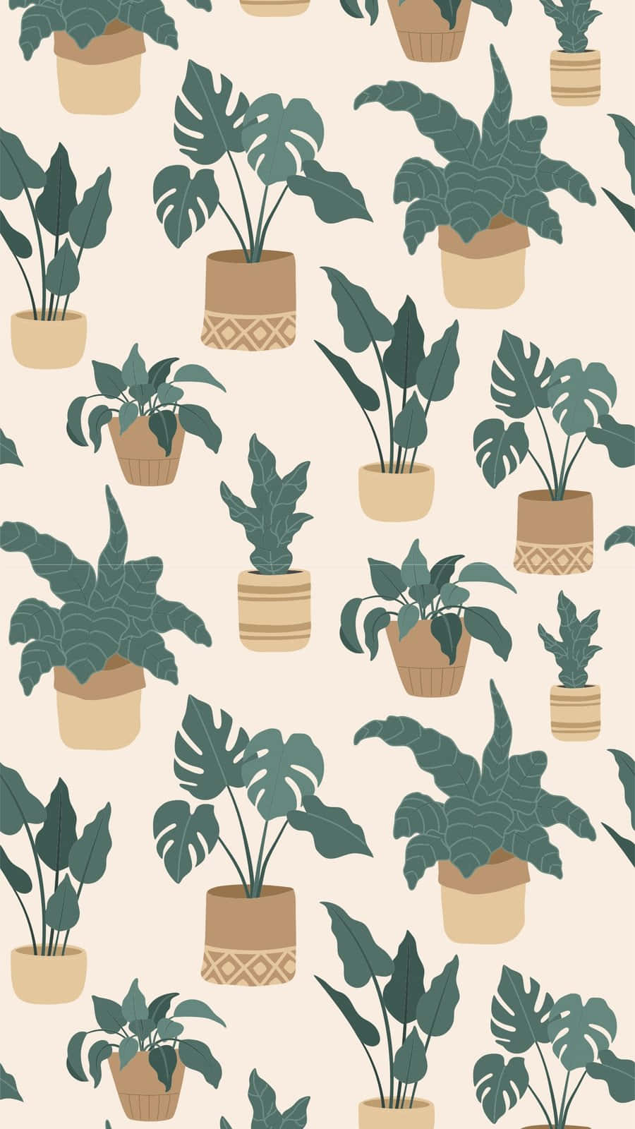 Plant Aesthetic 桌布 壁紙 — 在柔和的米色背景上，重複圖案展示插畫風格盆栽熱帶植物，置於大地色花盆中。