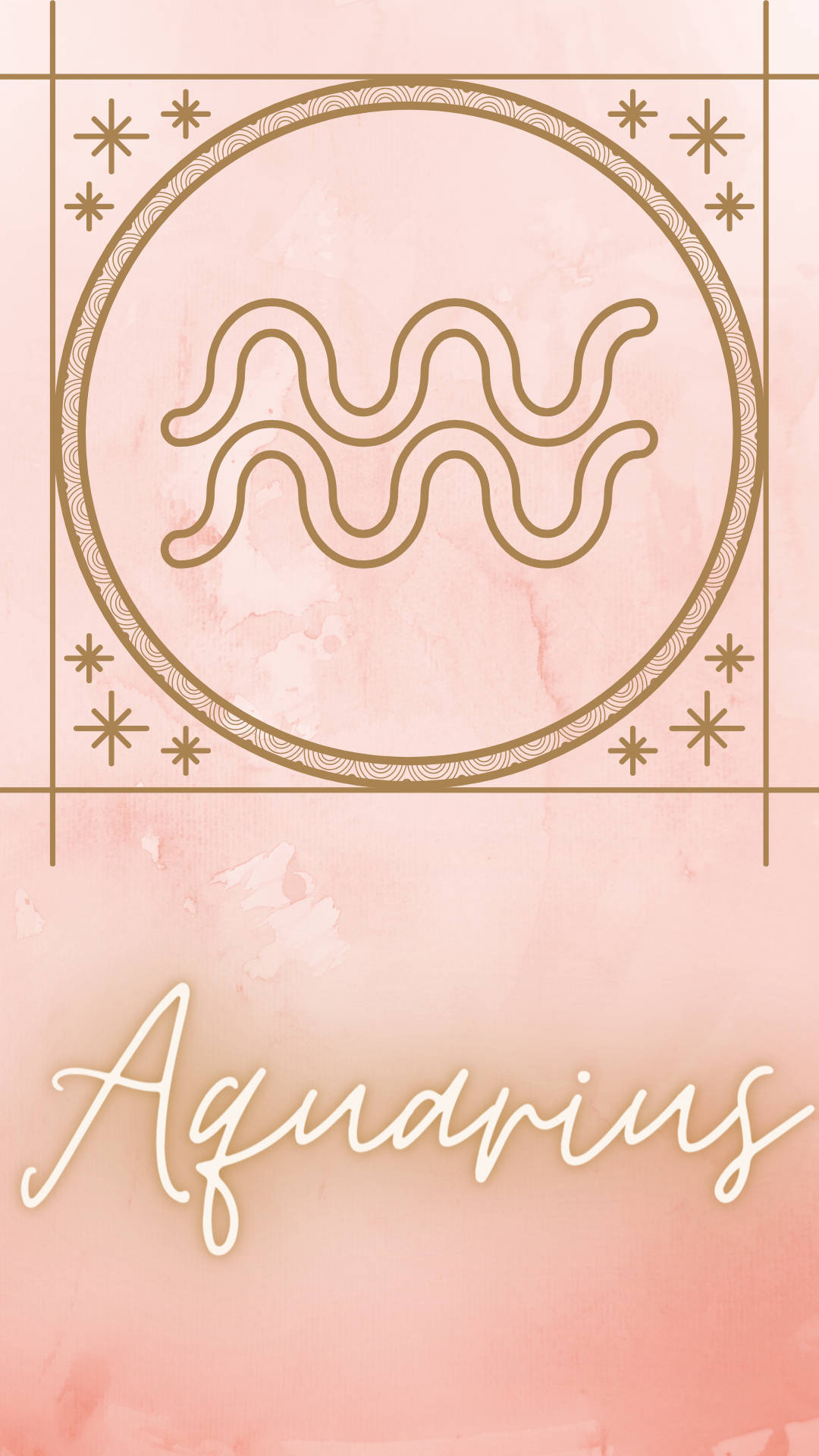 aquarius 桌布 壁紙 — 在柔和的粉紅色水彩背景上，一個帶有星星的圓形框架內的精緻金色水瓶座星座符號。