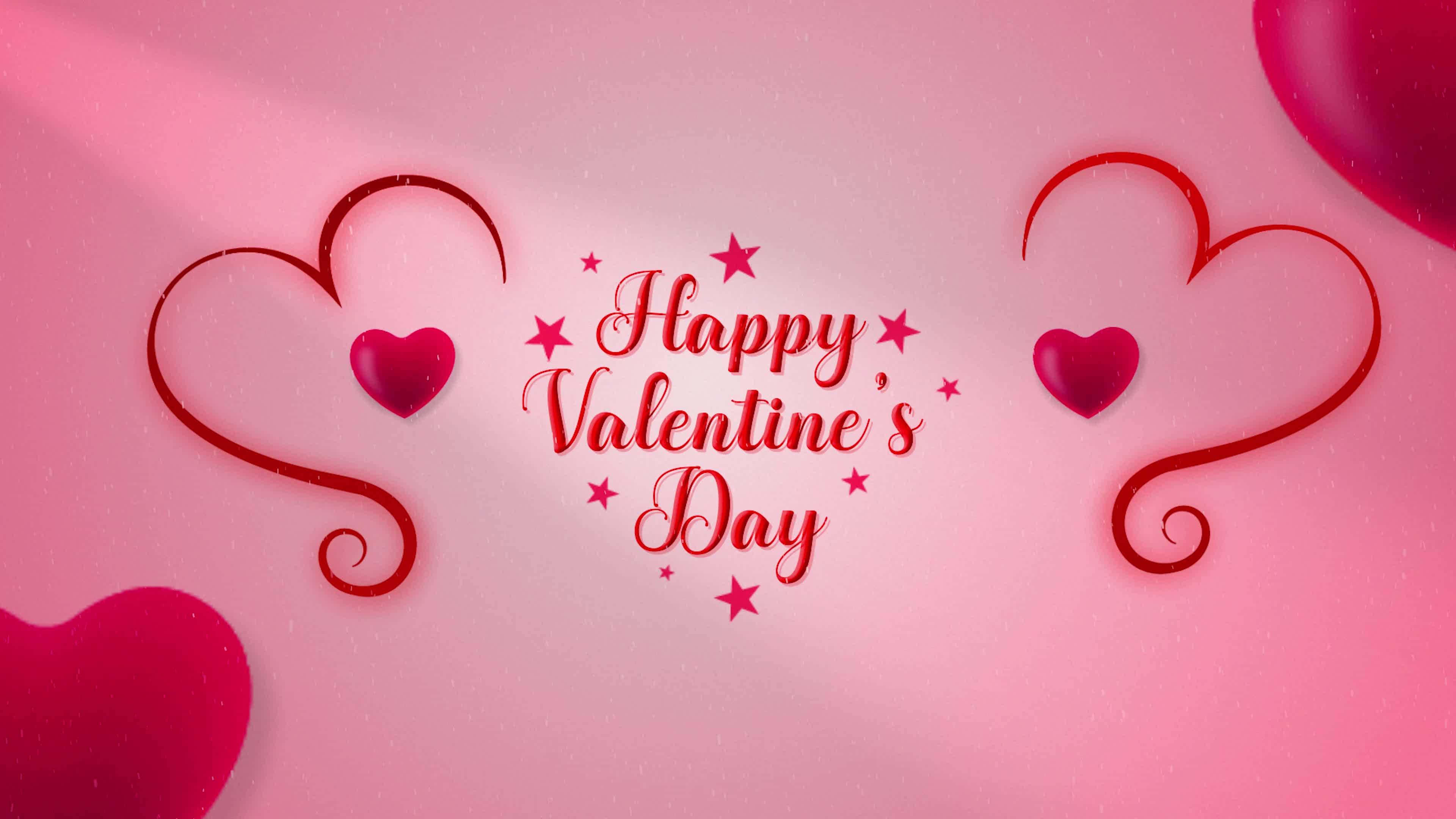 Happy Valentines Day 桌布 壁紙 — 在柔和的粉紅色漸層背景上，帶有紅色愛心和星星的節日情人節祝福。