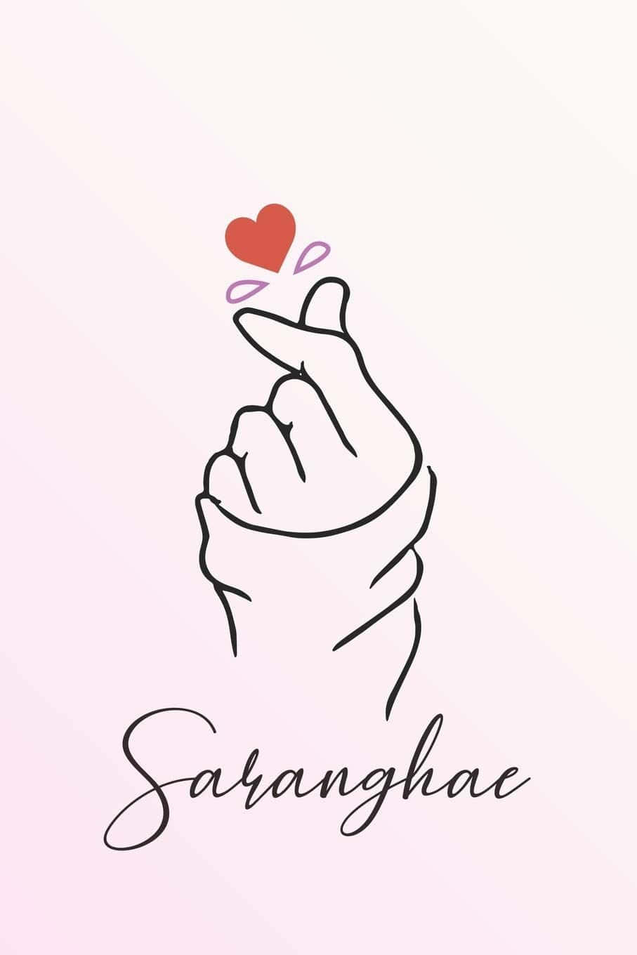 Finger Heart 桌布 壁紙 — 在柔和的粉紅色漸變背景上，一隻手做出心形手勢，上方漂浮著一顆紅色心形的極簡線條畫。