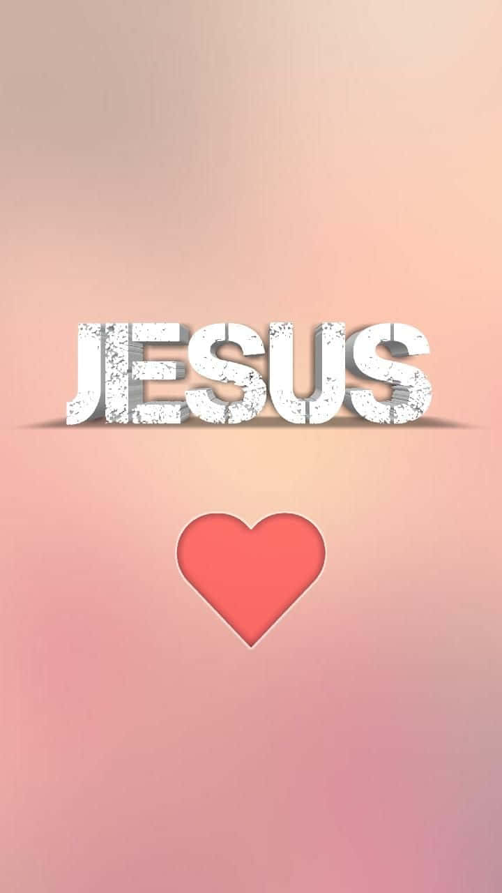 Gospel 桌布 壁紙 — 在柔和的粉紅色漸變背景上，珊瑚色心形上方有紋理白色3D字母拼成的「耶穌」一詞。