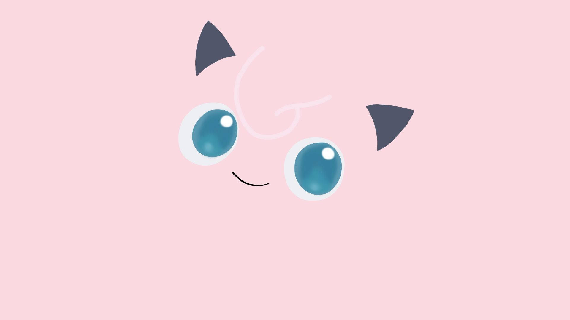 Jigglypuff 桌布 壁紙 — 在柔和的粉紅色背景上，Jigglypuff 臉部的極簡數位插圖，有大藍眼睛和深色耳朵。