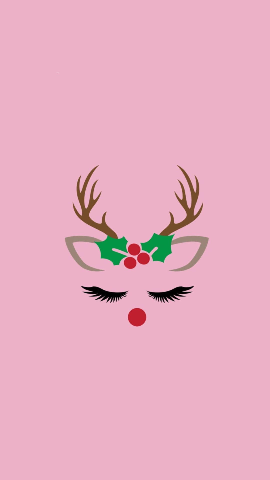 Kawaii Christmas 桌布 壁紙 — 在柔和的粉紅色背景上，一個極簡風格的鹿臉，帶有鹿角、冬青漿果和睫毛。