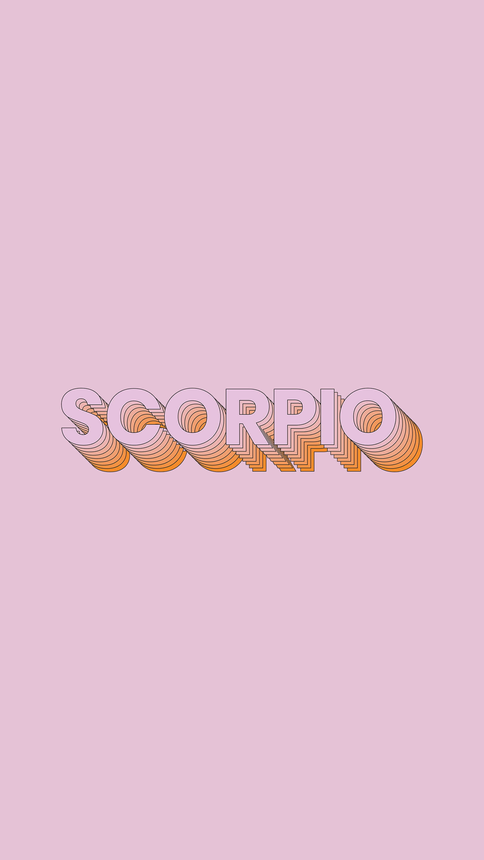 Scorpio 桌布 壁紙 — 在柔和的粉紅色背景上，以粗體復古3D字體呈現的「SCORPIO」字樣，帶有橙色和粉紅色的漸變效果。