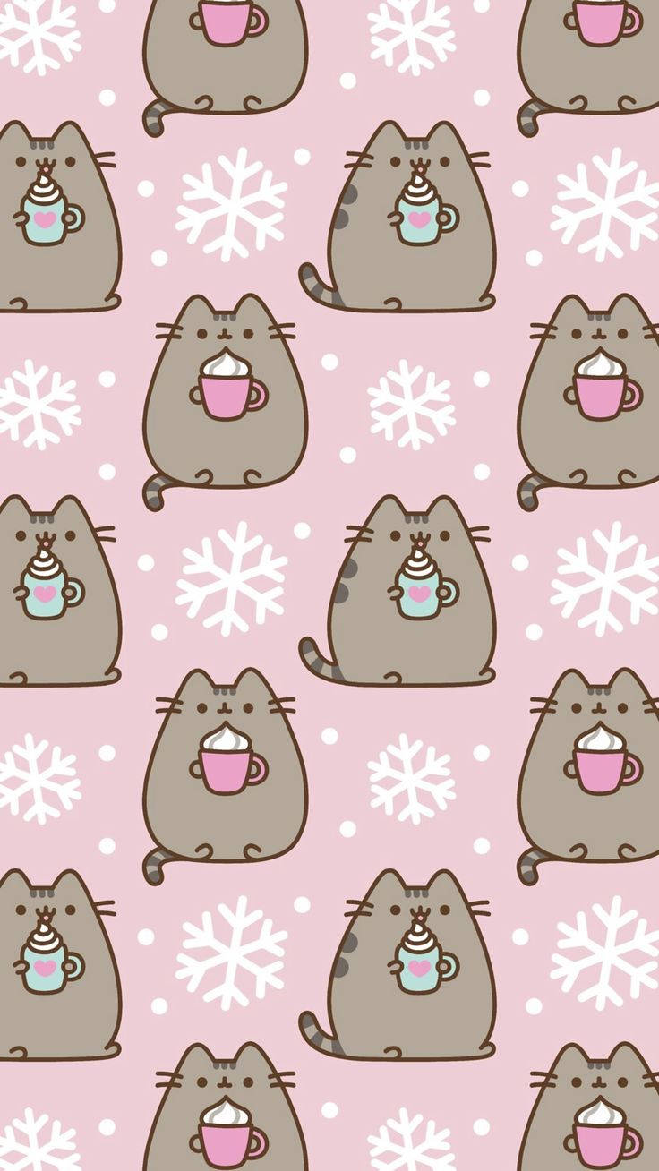 帶有重複灰色貓咪拿著杯子和雪花的粉紅色壁紙。 — Pusheen 動圖 壁紙