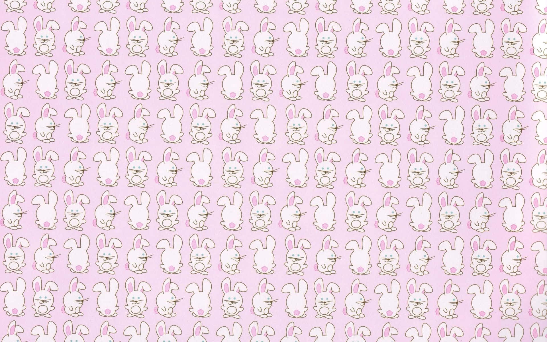 Kawaii Bunny 桌布 壁紙 — 在柔和的粉紅色背景上，可愛的白色卡通兔子重複圖案，帶有粉紅色耳朵和臉頰。