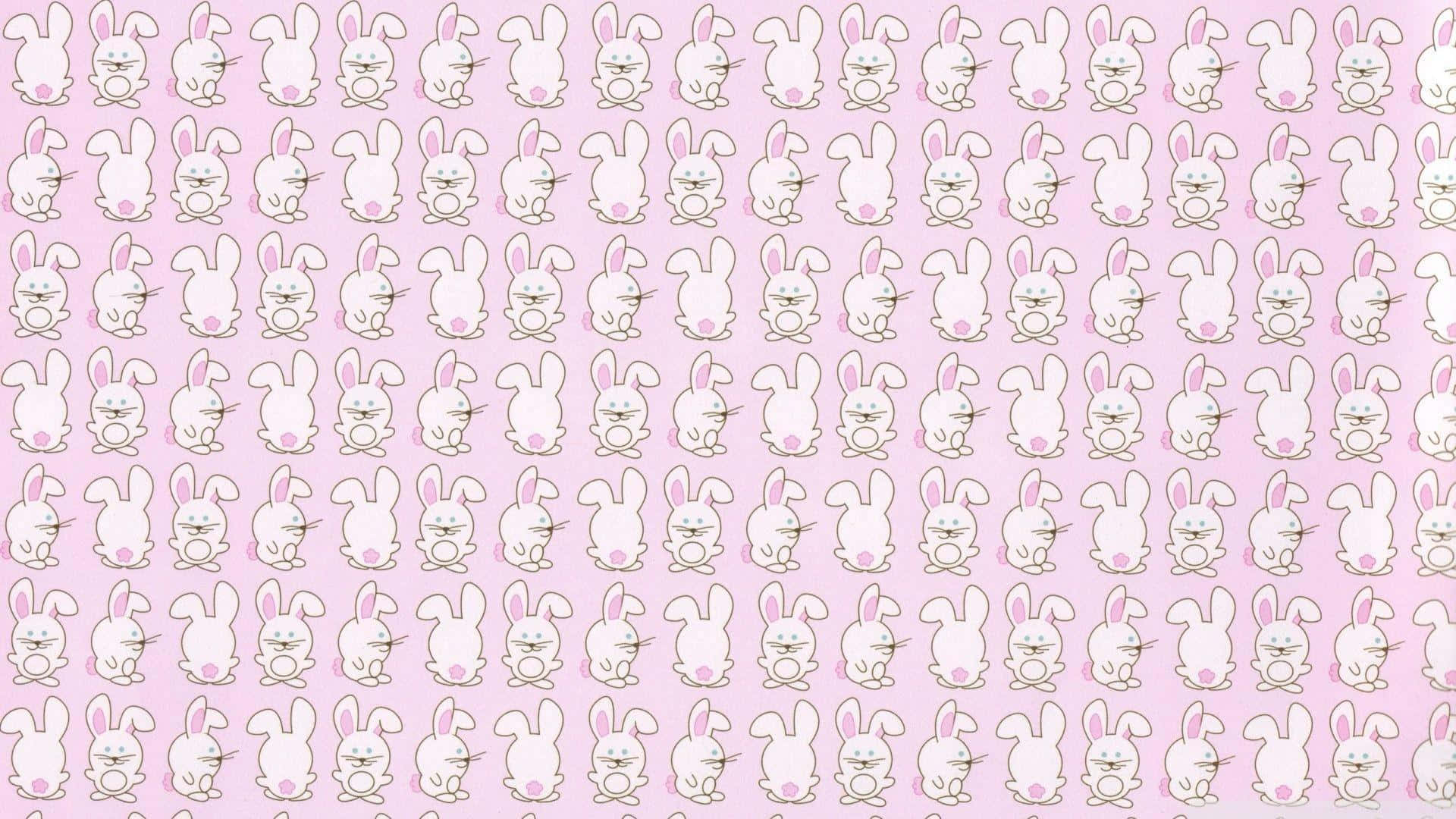 Kawaii Pink Aesthetic Desktop 桌布 壁紙 — 在柔和的粉紅色背景上，可愛的白色卡通兔子的重複圖案，帶有粉紅色的耳朵和臉頰。
