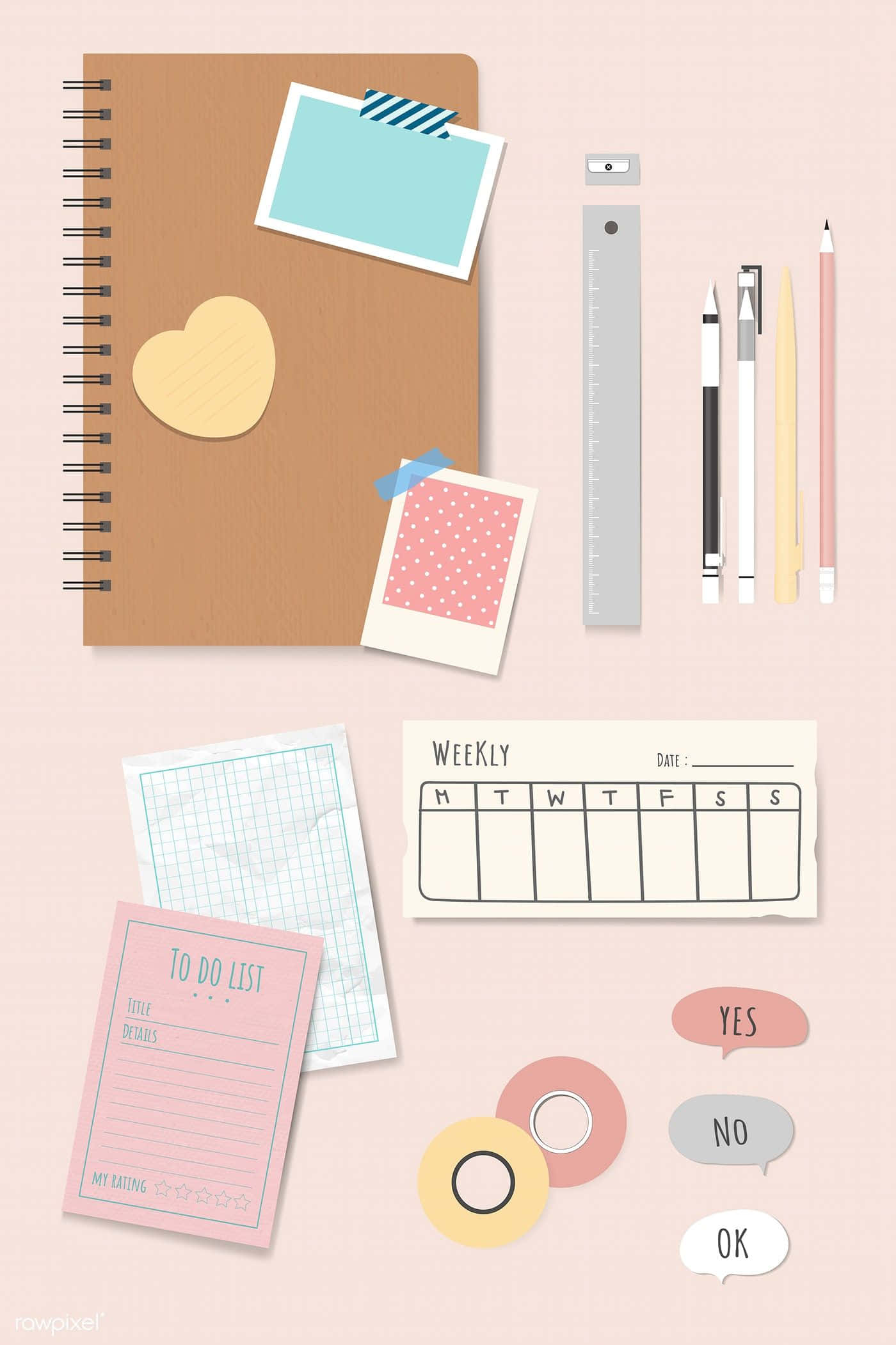 Planner 桌布 壁紙 — 在柔和的粉紅色背景上，扁平擺放著包括螺旋筆記本、筆、尺子和每週計劃表在內的粉彩文具。