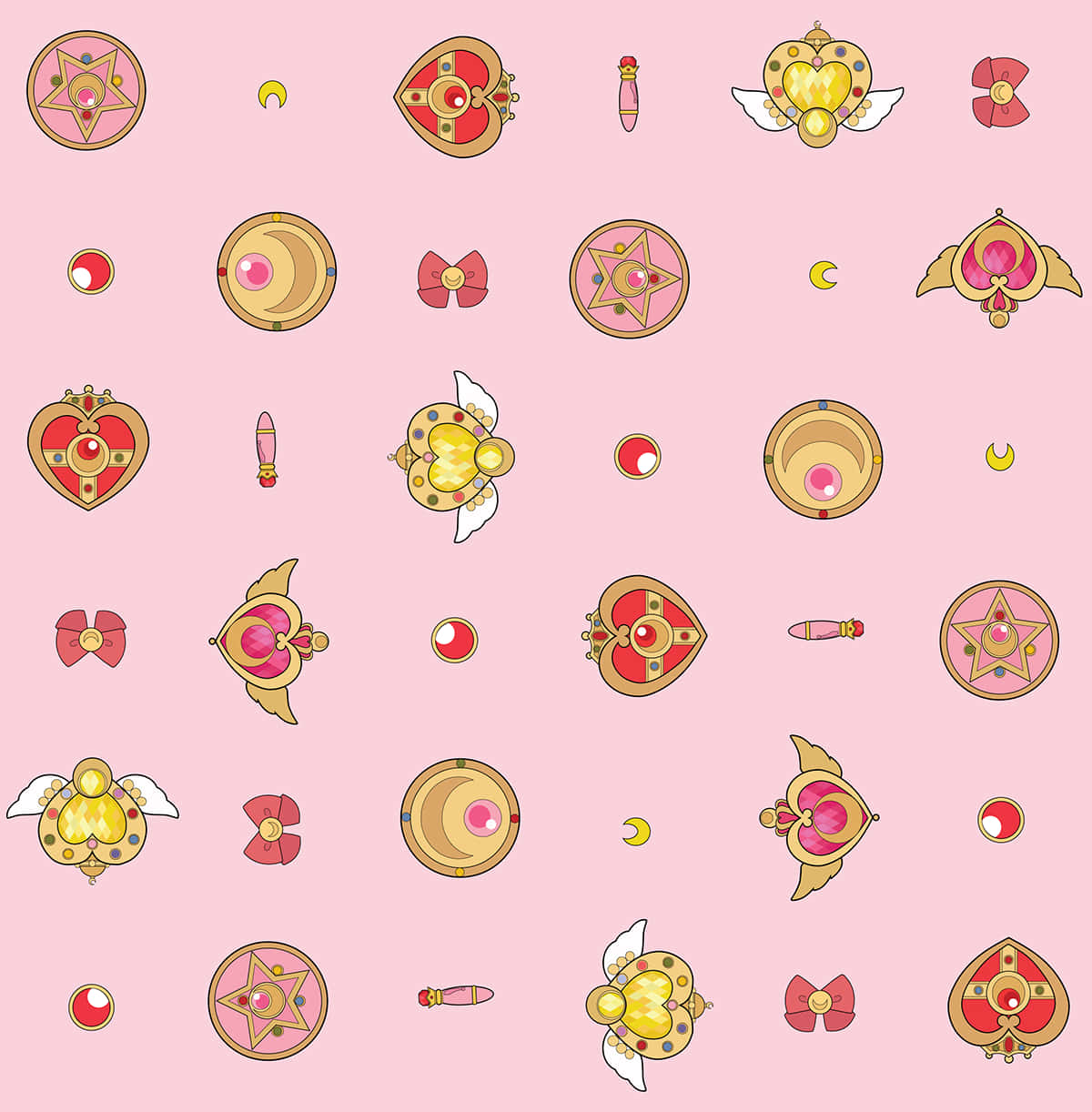 Sailor Moon Pattern 桌布 壁紙 — 在柔和的粉紅色背景上，重複出現魔法少女主題圖標，如魔杖、心形和彎月。