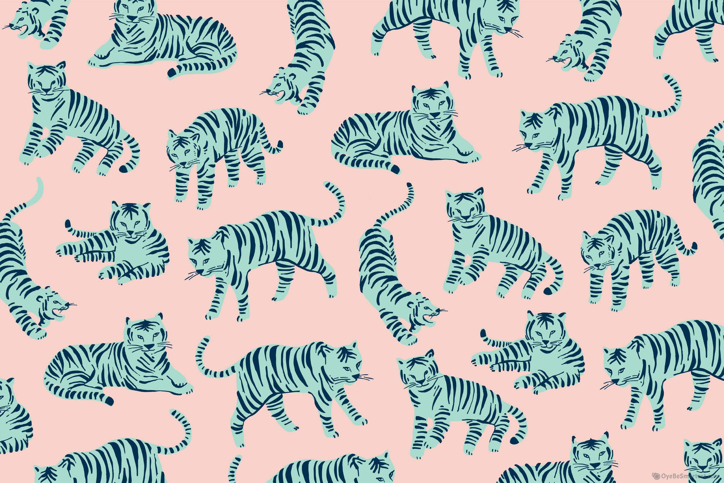 Cute Cat 桌布 壁紙 — 在柔和的粉紅色背景上，重複圖案中帶有黑色條紋的風格化青綠色老虎。