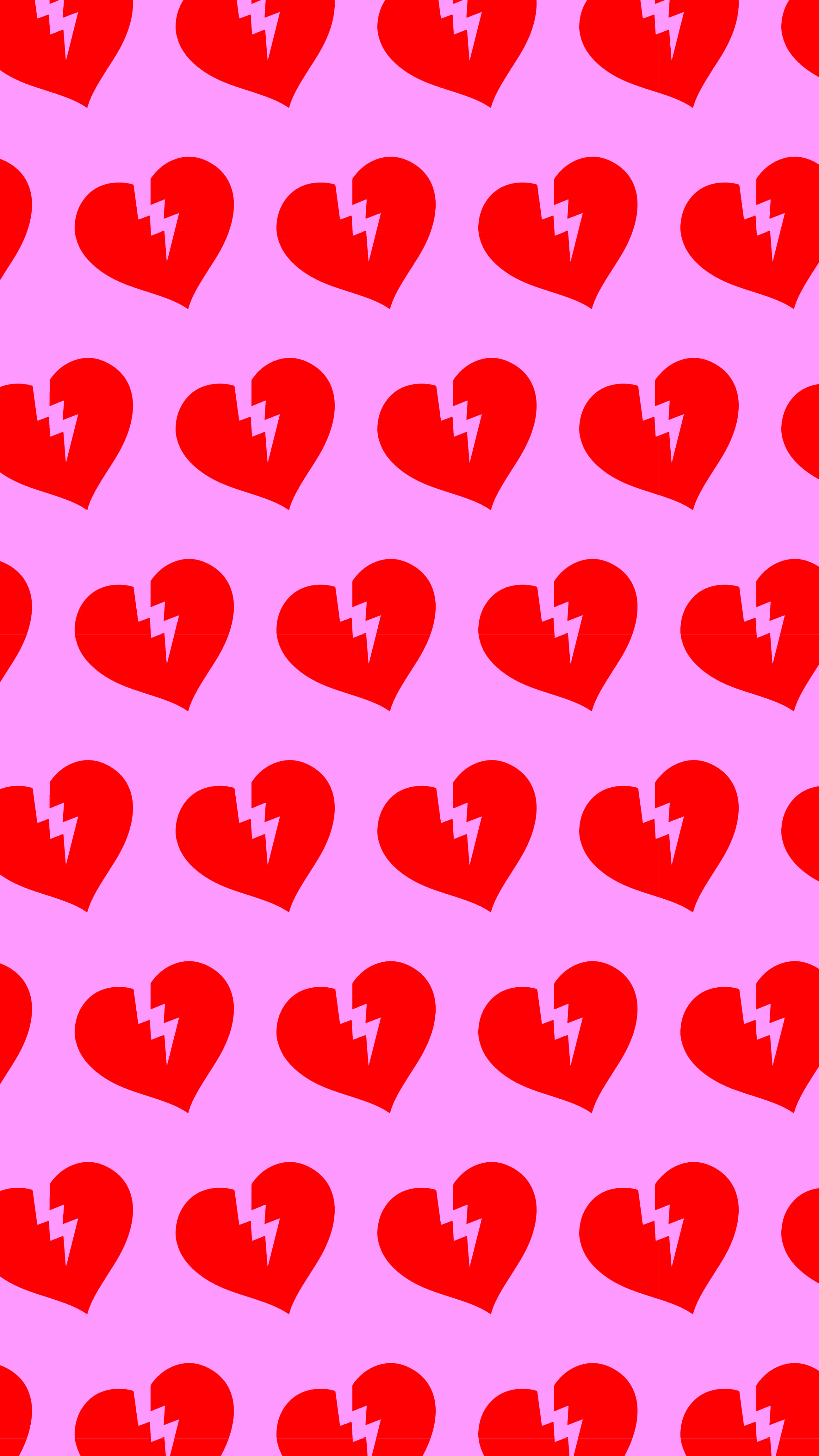 Heartbreaks 桌布 壁紙 — 在柔和的粉紅色背景上，重複圖案為大膽的紅色破碎心形，帶有白色閃電。