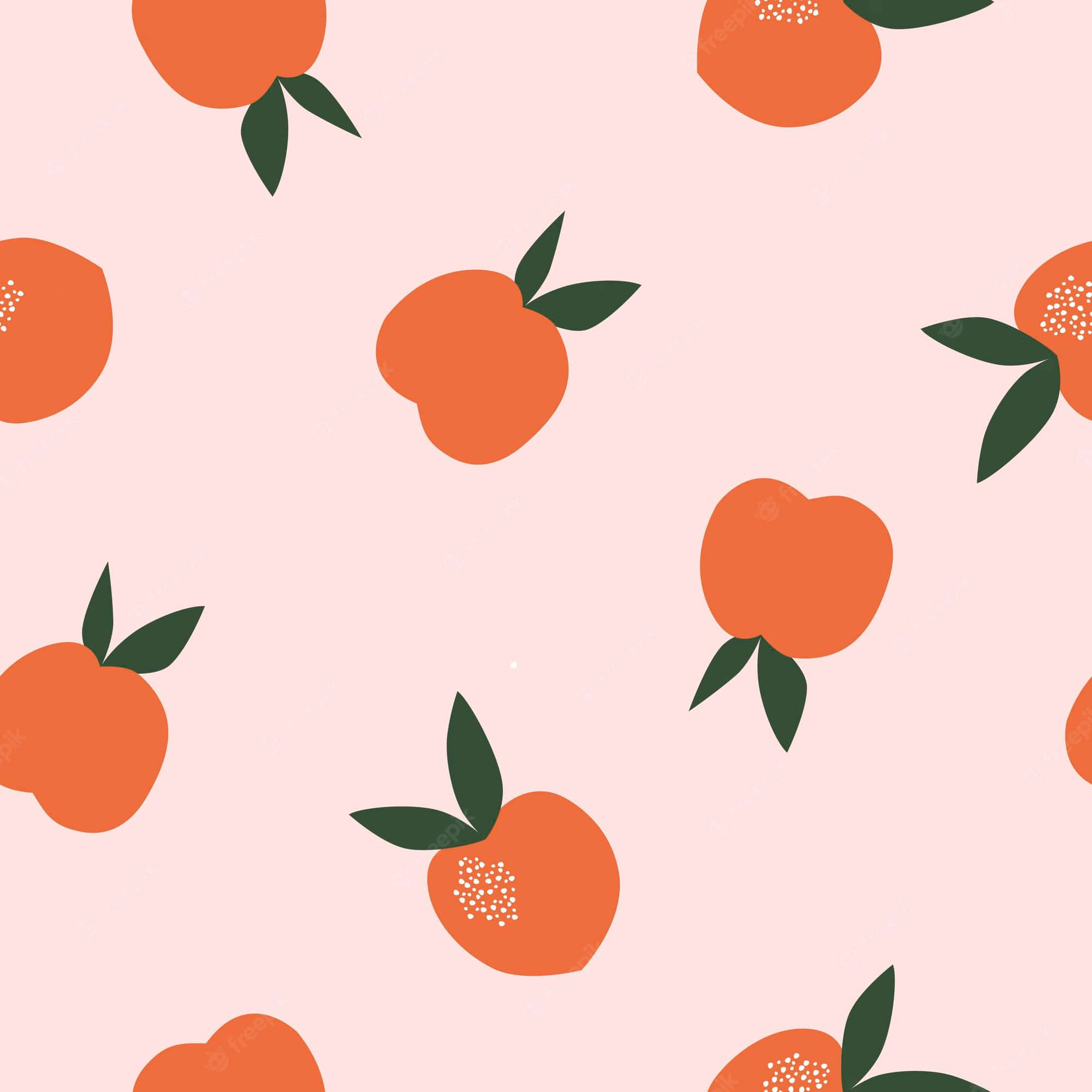 Cute Peach 桌布 壁紙 — 在柔和的粉紅色背景上，重複排列的風格化橙色桃子搭配綠色葉子的圖案。
