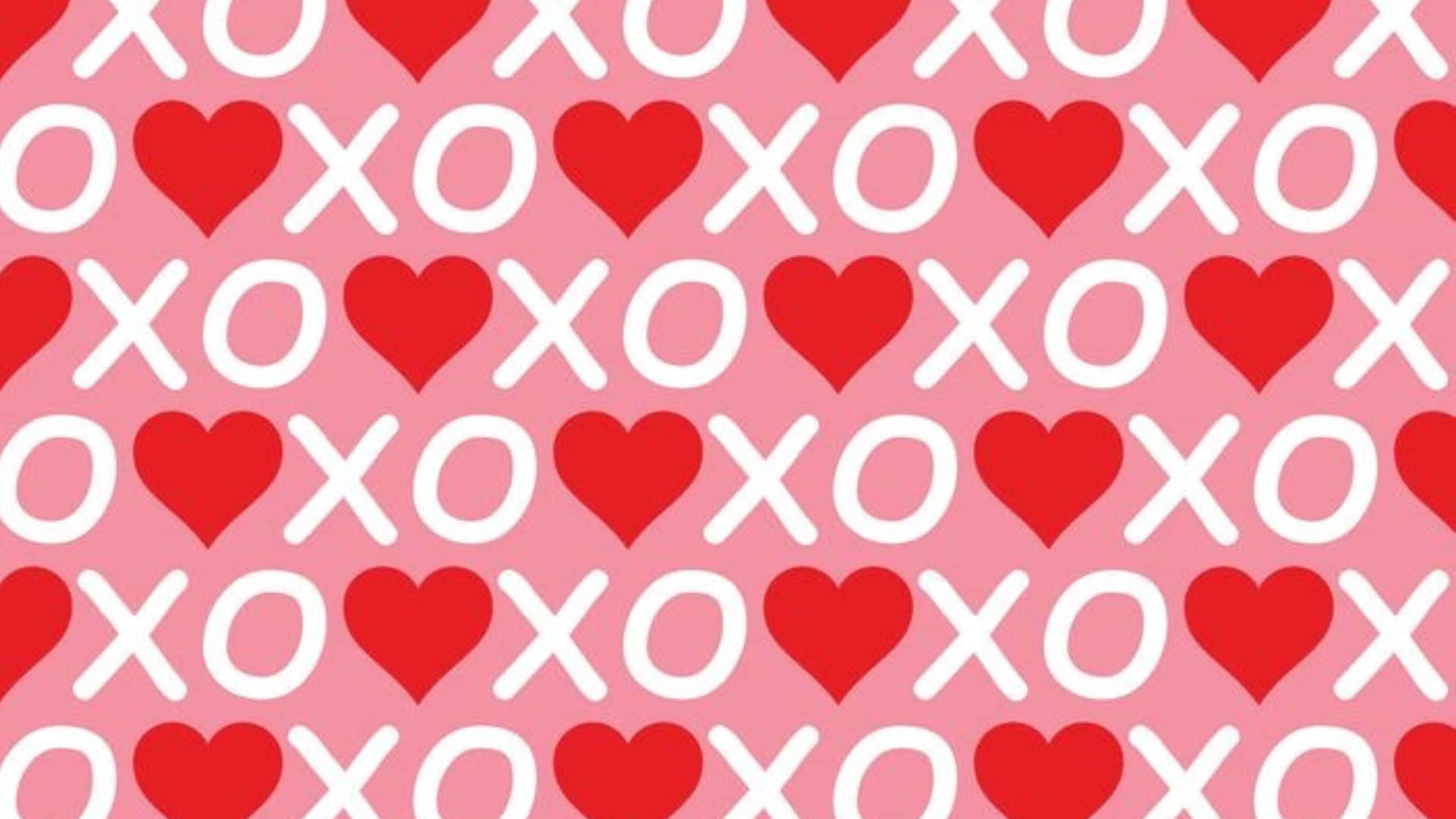 Red Hearts 桌布 壁紙 — 在柔和的粉紅色背景上，重複的紅色心形和白色 XO 圖案。
