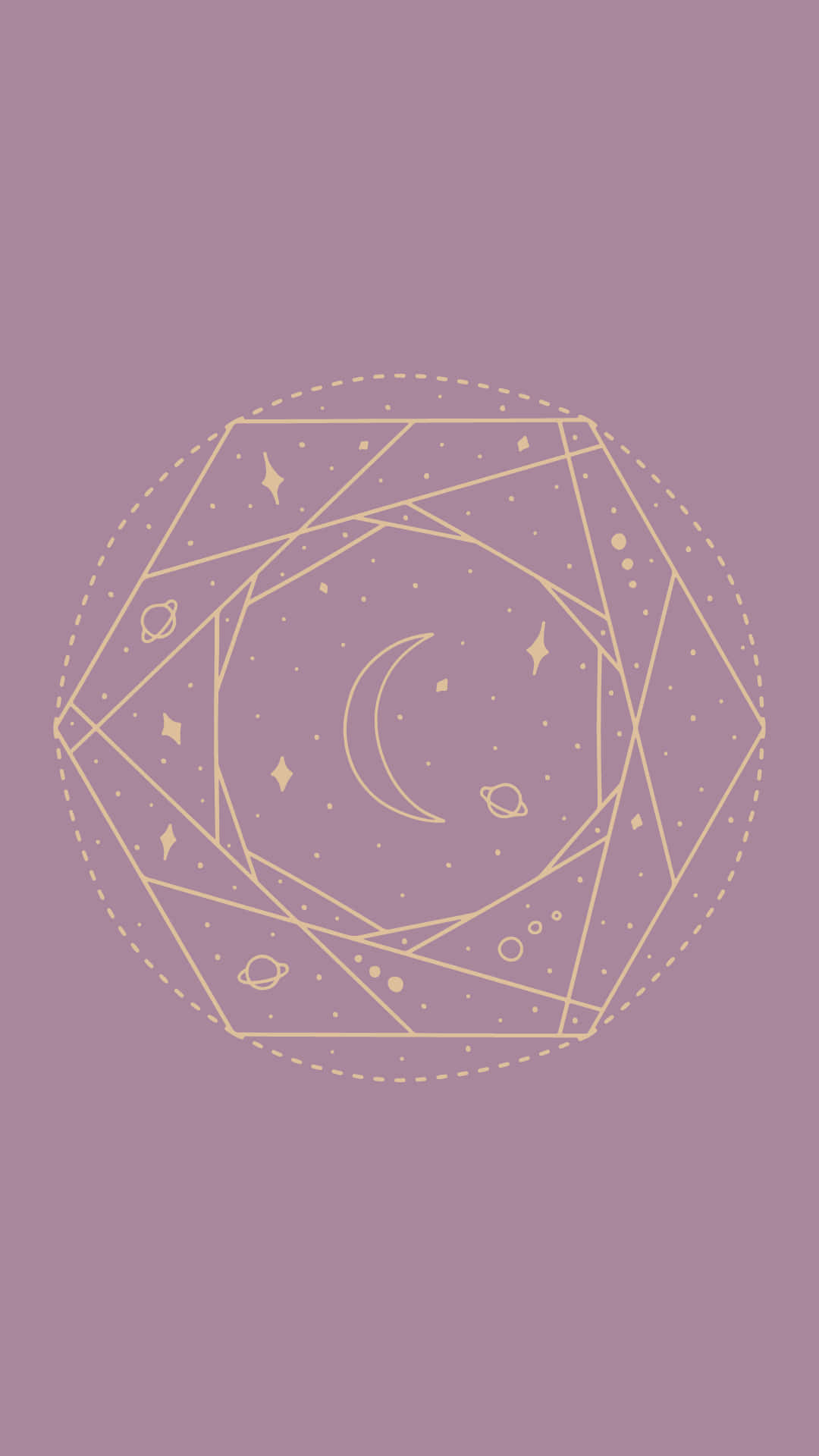 Celestial 桌布 壁紙 — 在柔和的紫紅色背景上，以金色新月和行星組成的極簡幾何設計。