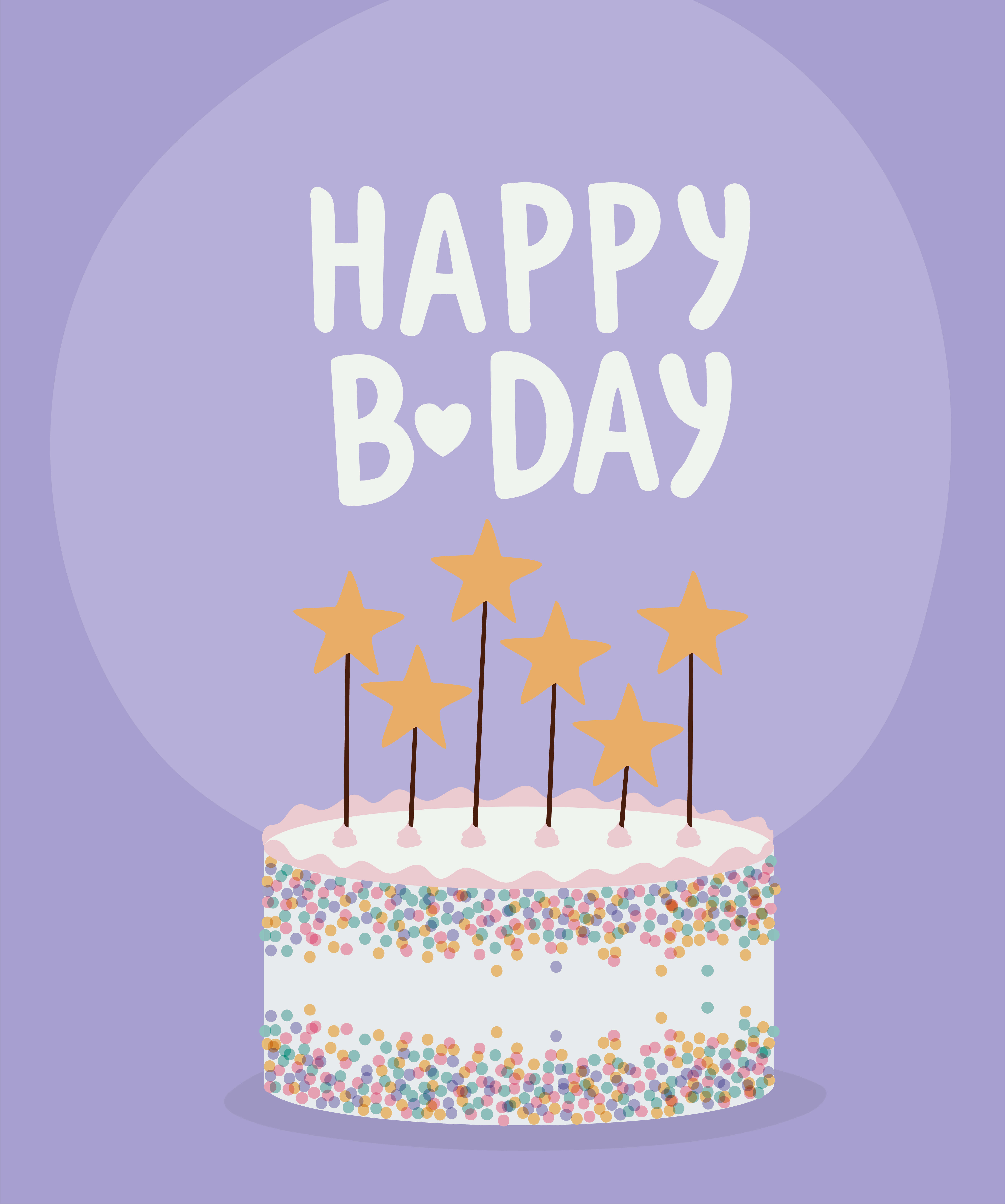 Birthday Cake 桌布 壁紙 — 在柔和的紫色背景下，一個充滿歡樂的生日蛋糕，上面有彩色糖粒和金色星星蠟燭。