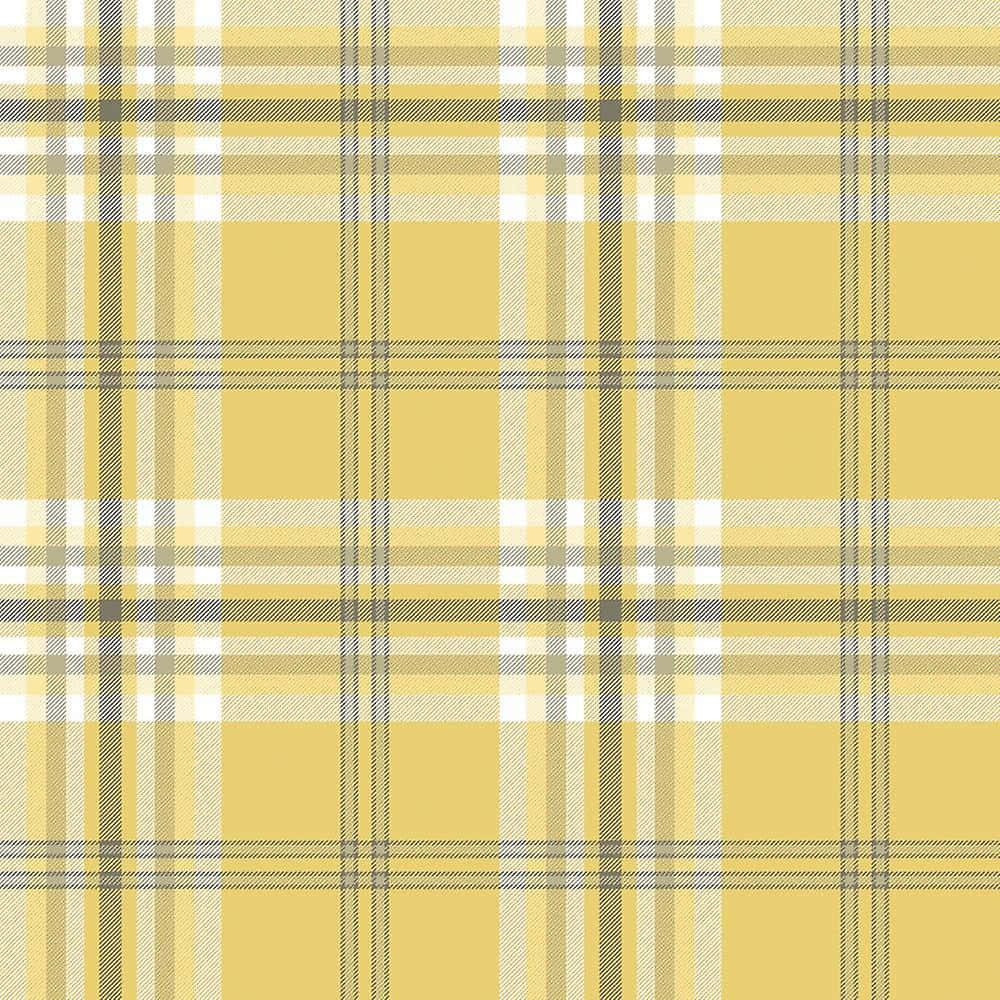 Plaid 桌布 壁紙 — 在柔和的芥末黃背景上，帶有白色和灰色條紋的無縫黃色格子圖案。