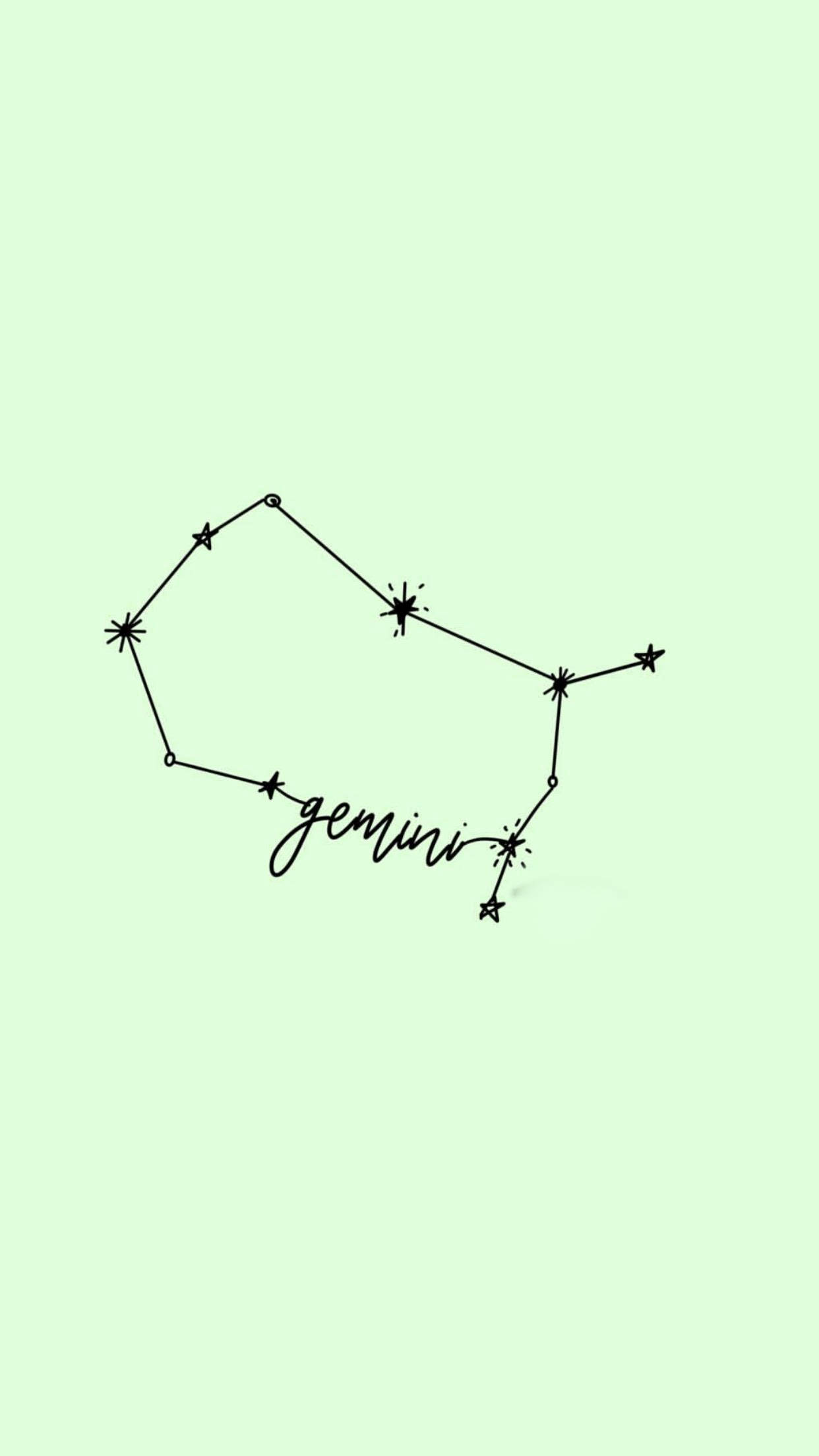 gemini 桌布 壁紙 — 在柔和的薄荷綠色背景上，以簡約黑色線條繪製的雙子座星座，帶有星爆和草書文字。