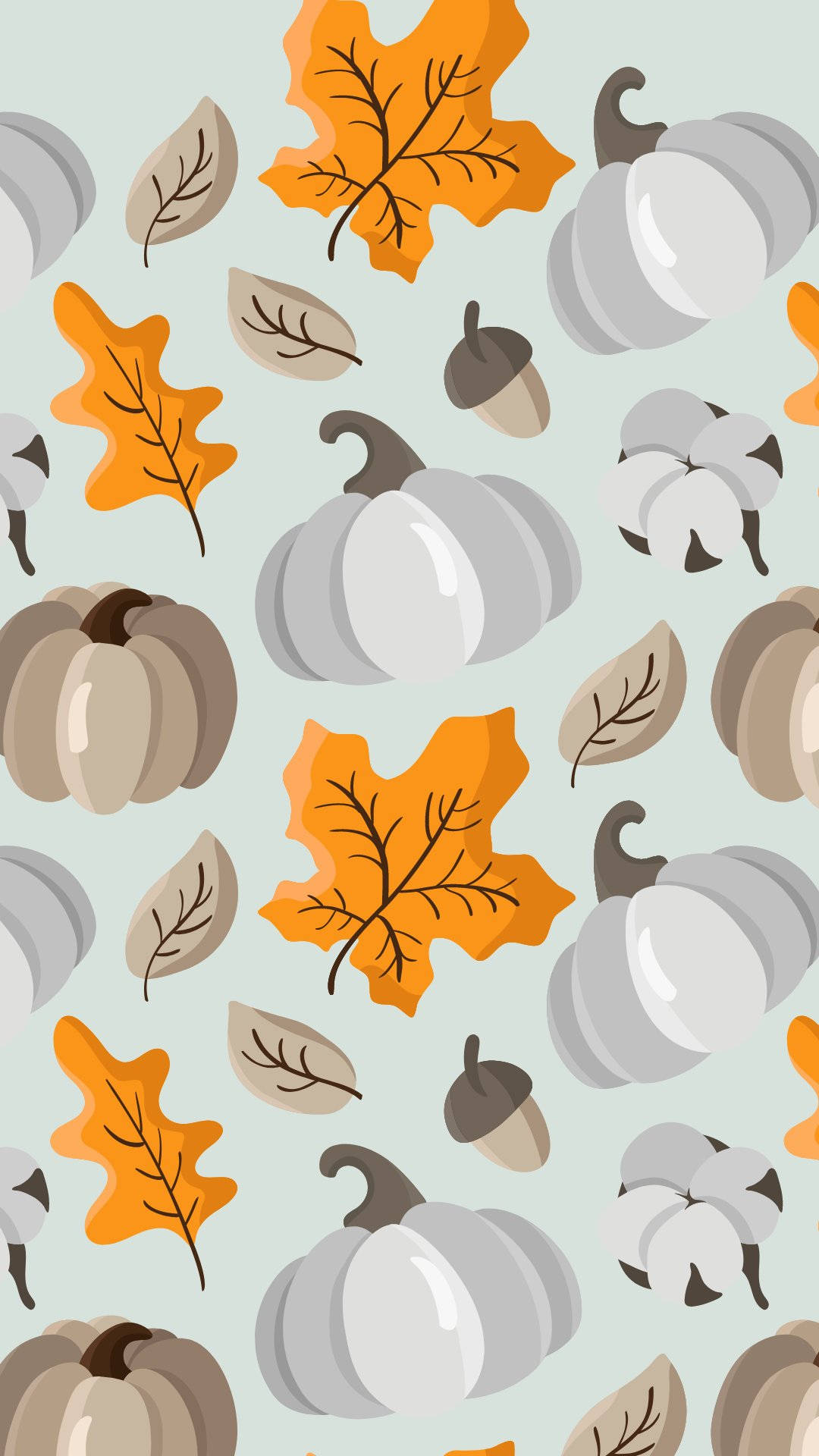 Fall Leaves 桌布 壁紙 — 在柔和的薄荷綠色背景上，重複排列的橙色楓葉、灰色南瓜、橡果和棉鈴圖案。