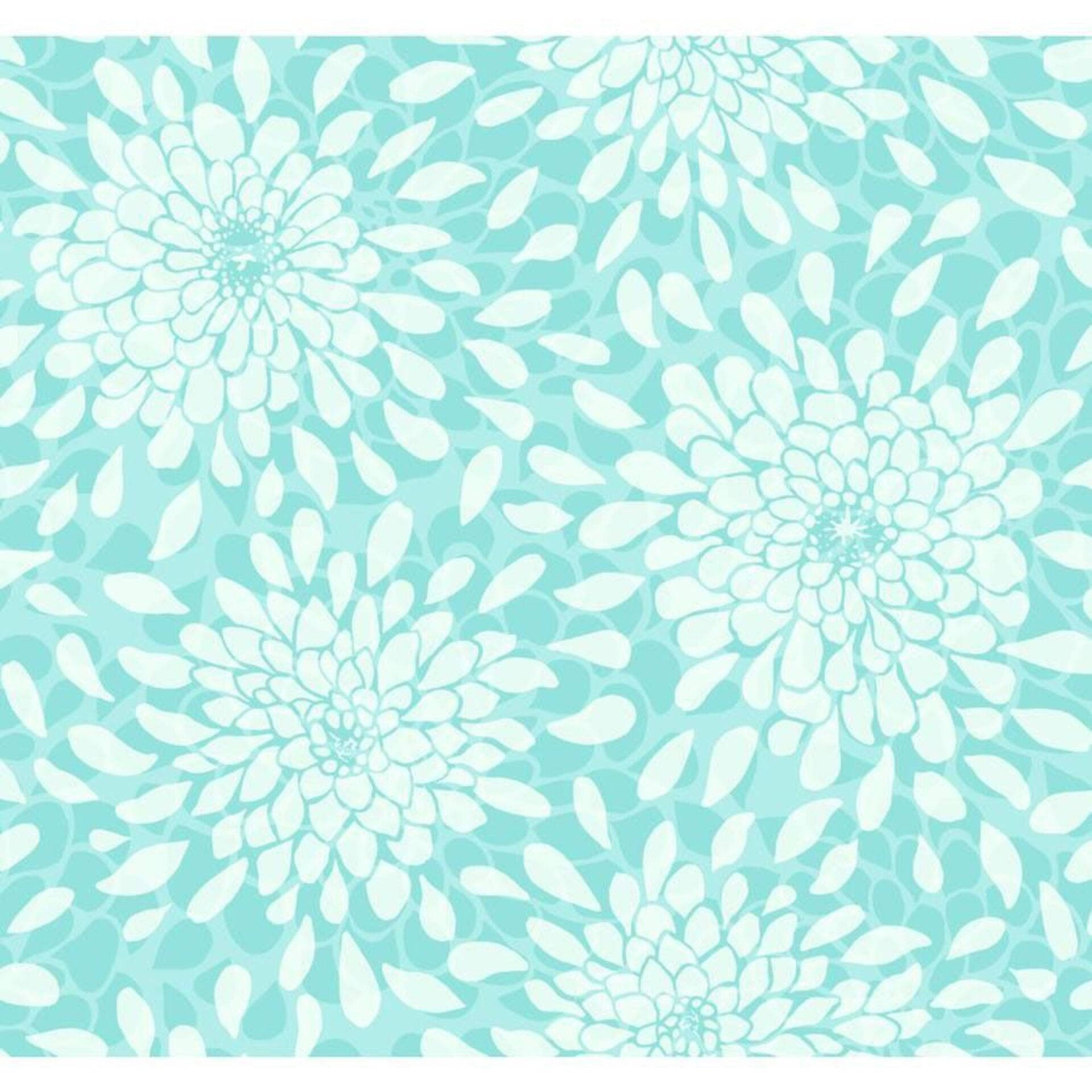 tiffany 桌布 壁紙 — 在柔和的薄荷綠色背景上，重複排列的白色風格化菊花圖案。