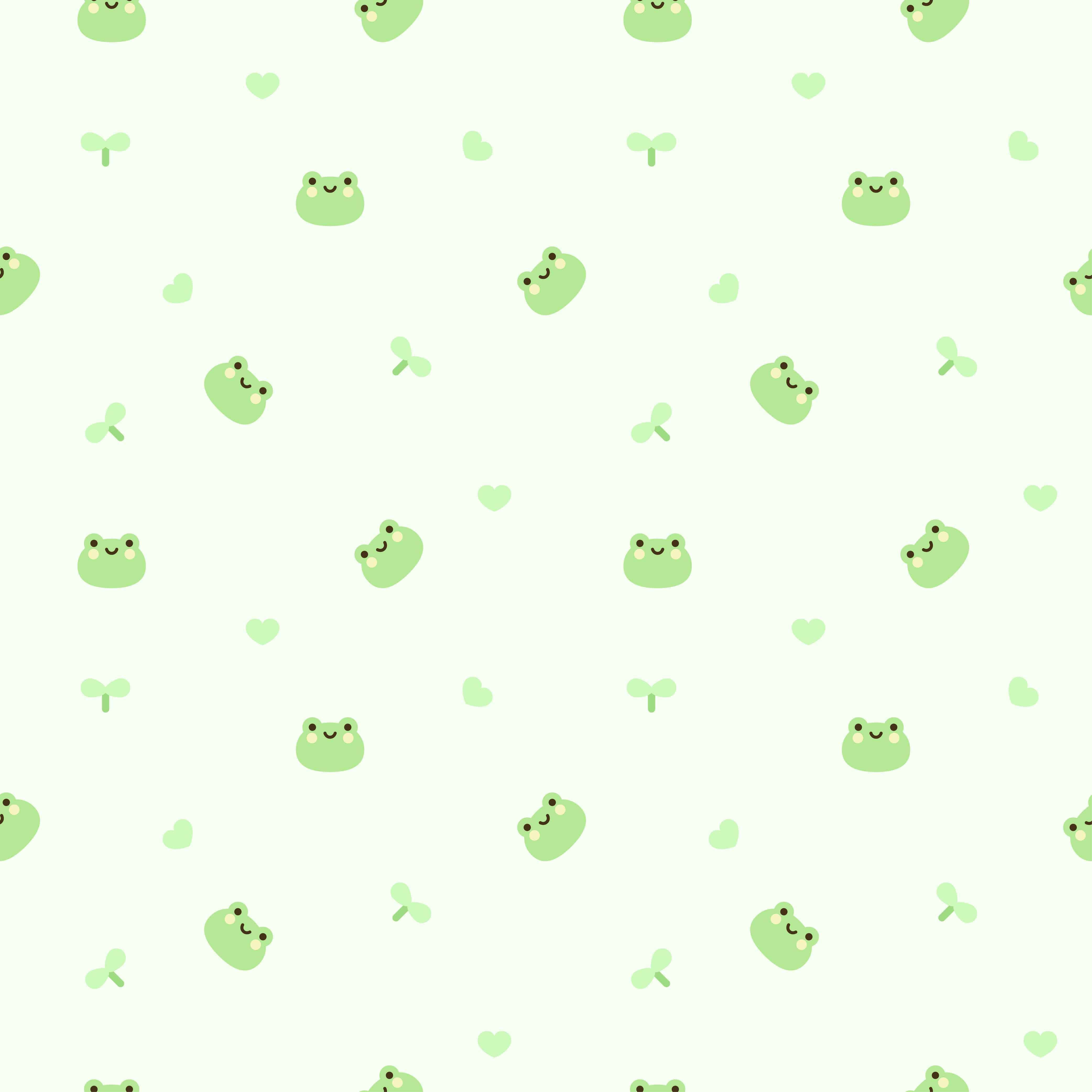 Aesthetic Frog 桌布 壁紙 — 在柔和的薄荷色背景上，微笑的綠色青蛙和心形圖案的可愛重複圖案。