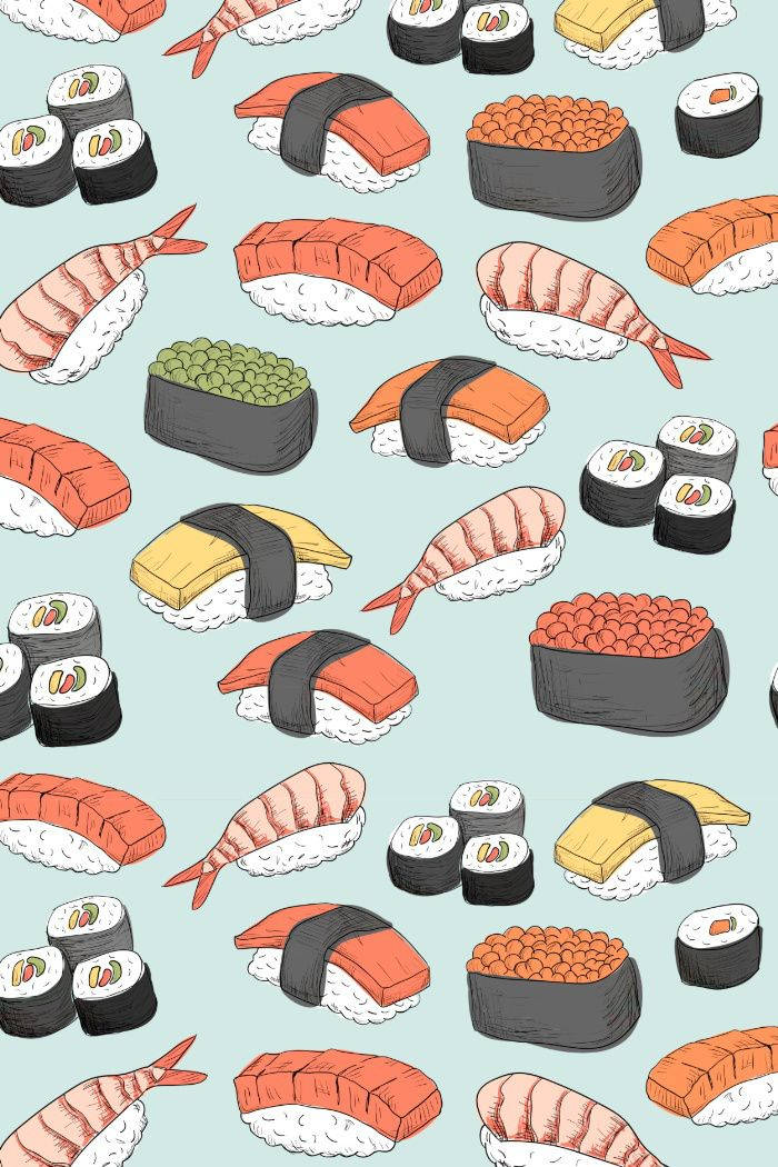 Sushi 桌布 壁紙 — 在柔和的薄荷色背景上手繪壽司卷和握壽司的俏皮圖案。