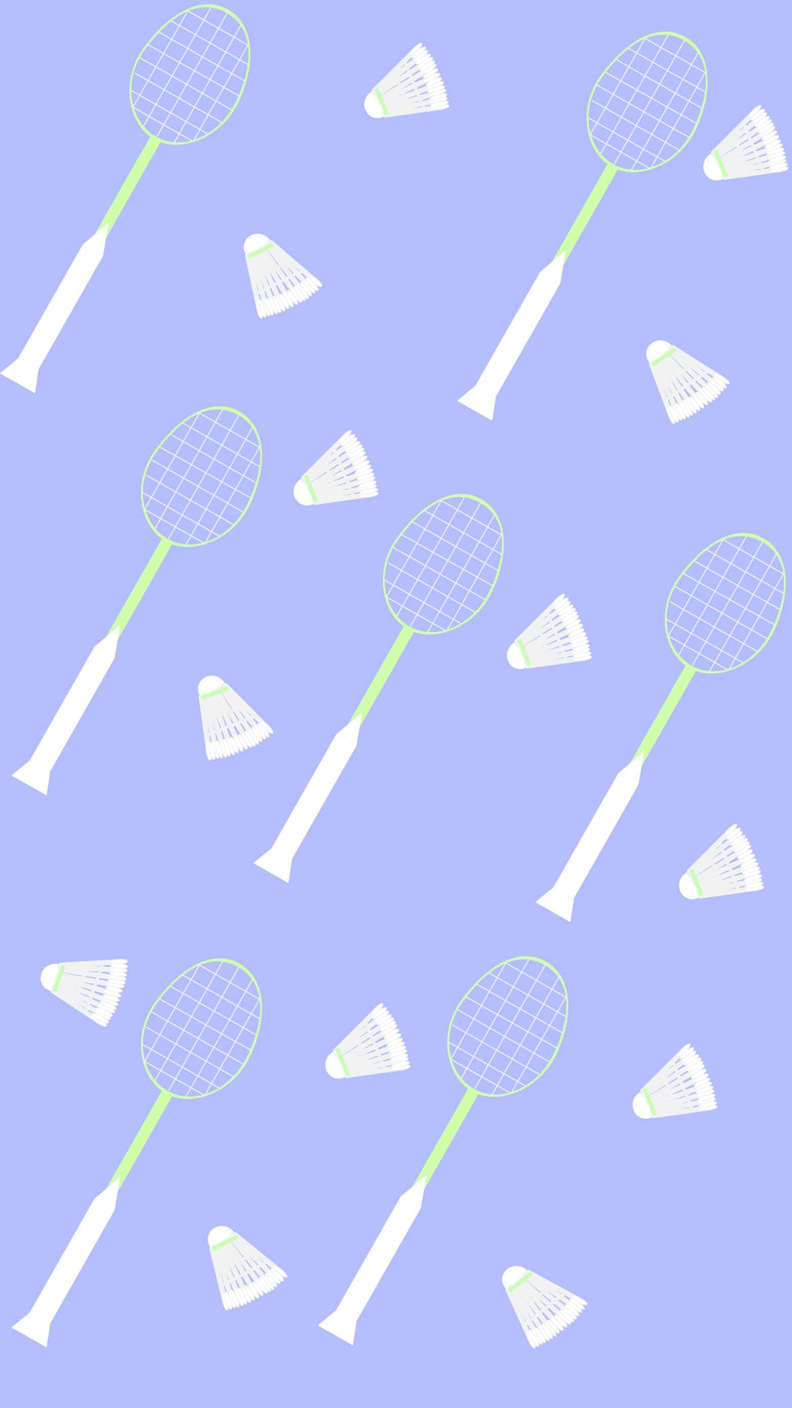 Android Badminton 桌布 壁紙 — 在柔和的薰衣草背景上，白色和淺綠色羽毛球拍和羽毛球的重复圖案。