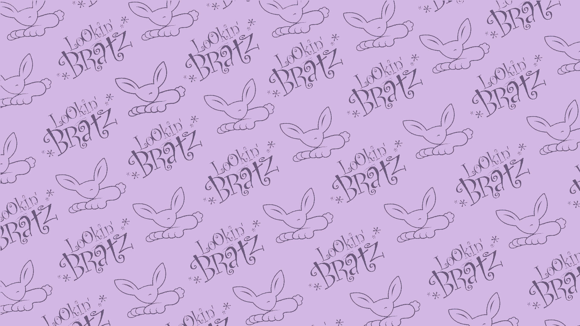 bratz 美學 桌布 壁紙 — 在柔和的薰衣草背景上重複出現帶輪廓的兔子剪影和「Lookin' Bratz」文字圖案。