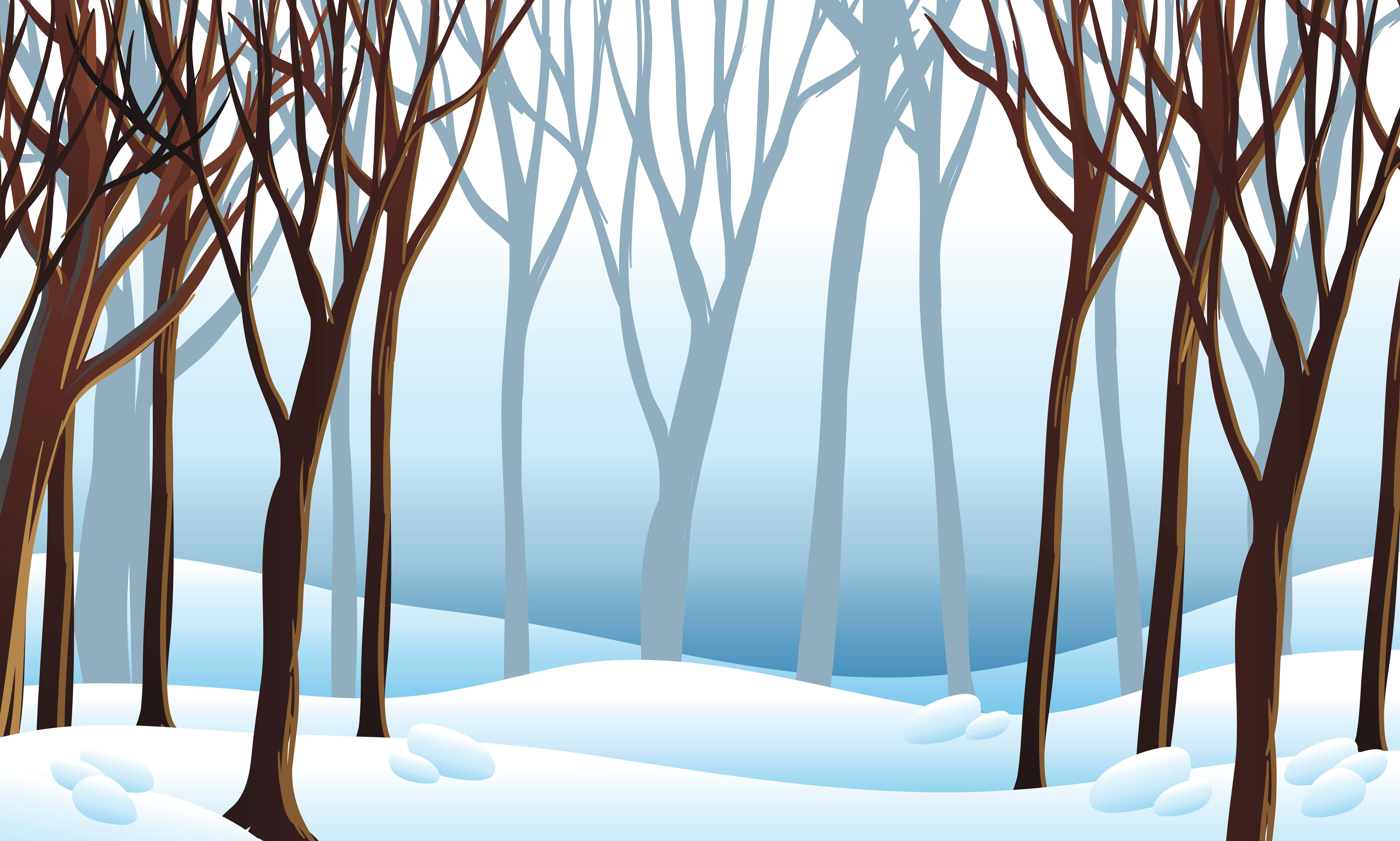 Winter Forest 桌布 壁紙 — 在柔和的藍色冬日天空下，寂靜的雪地森林中，光禿禿的樹木剪影高高聳立。