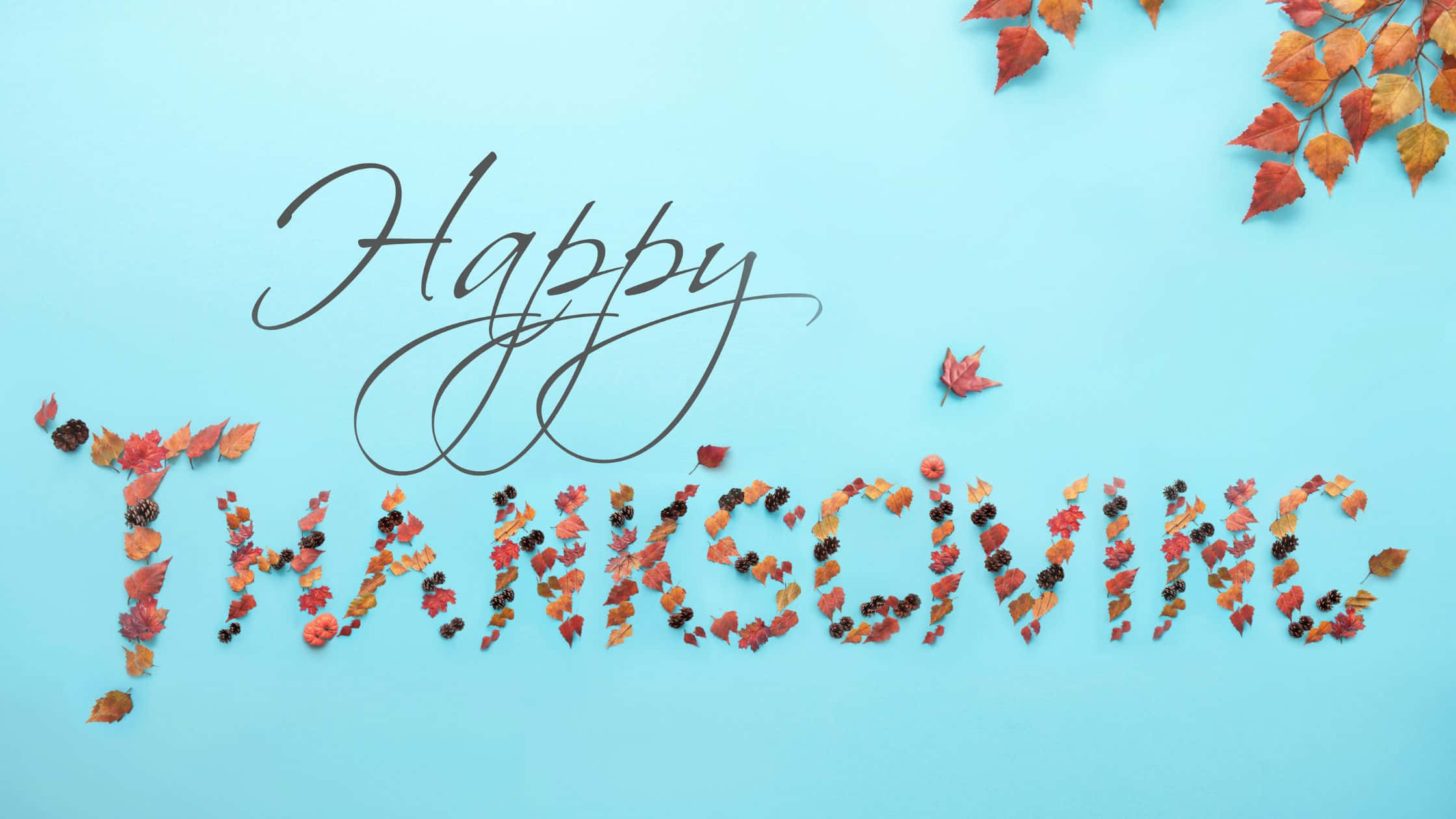 Thanksgiving Desktop 桌布 壁紙 — 在柔和的藍色背景上，用秋葉和漿果拼成的感恩節快樂。