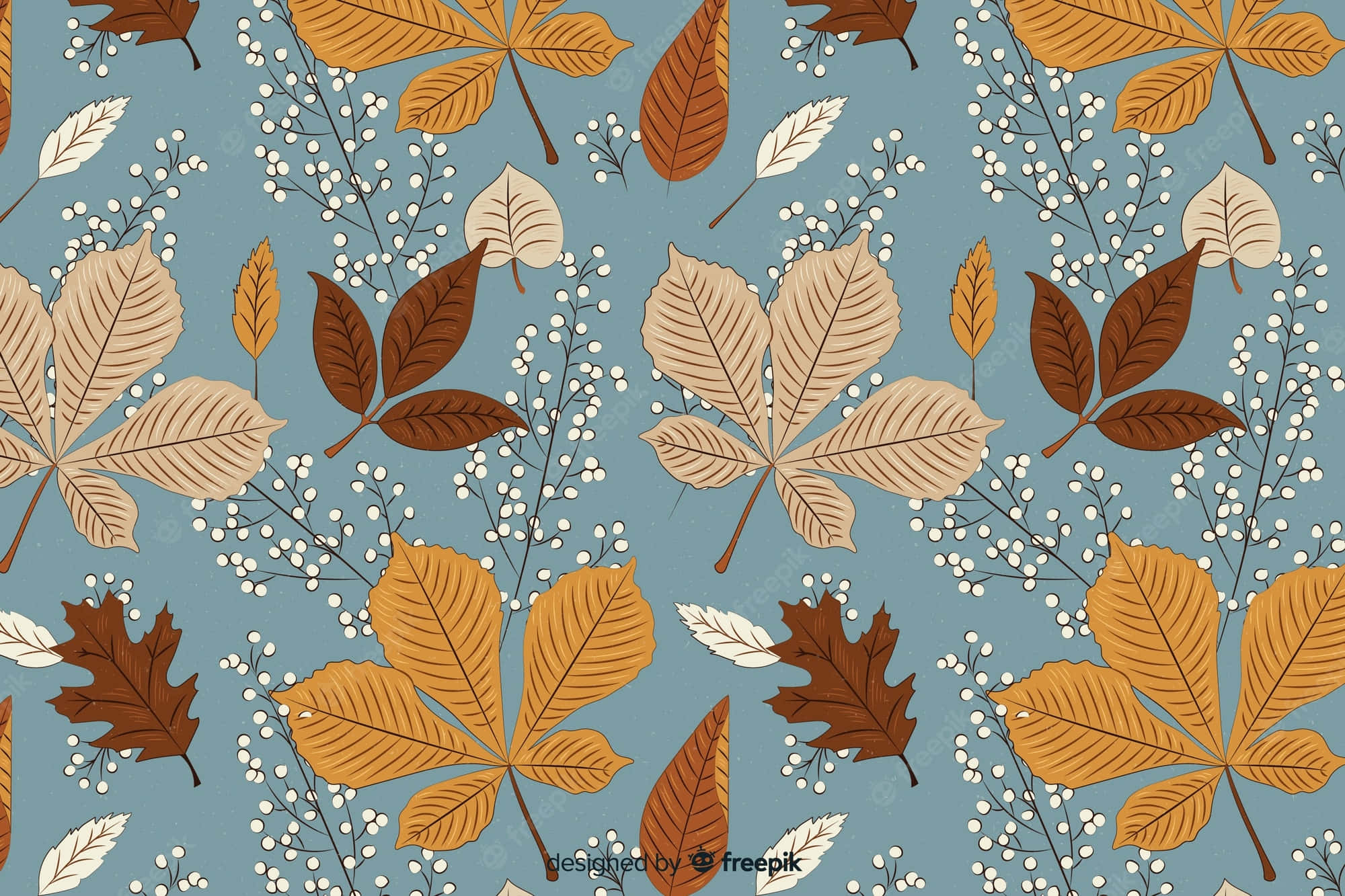 Vintage Autumn 桌布 壁紙 — 在柔和的藍色背景上重複出現的秋葉和白色漿果圖案。