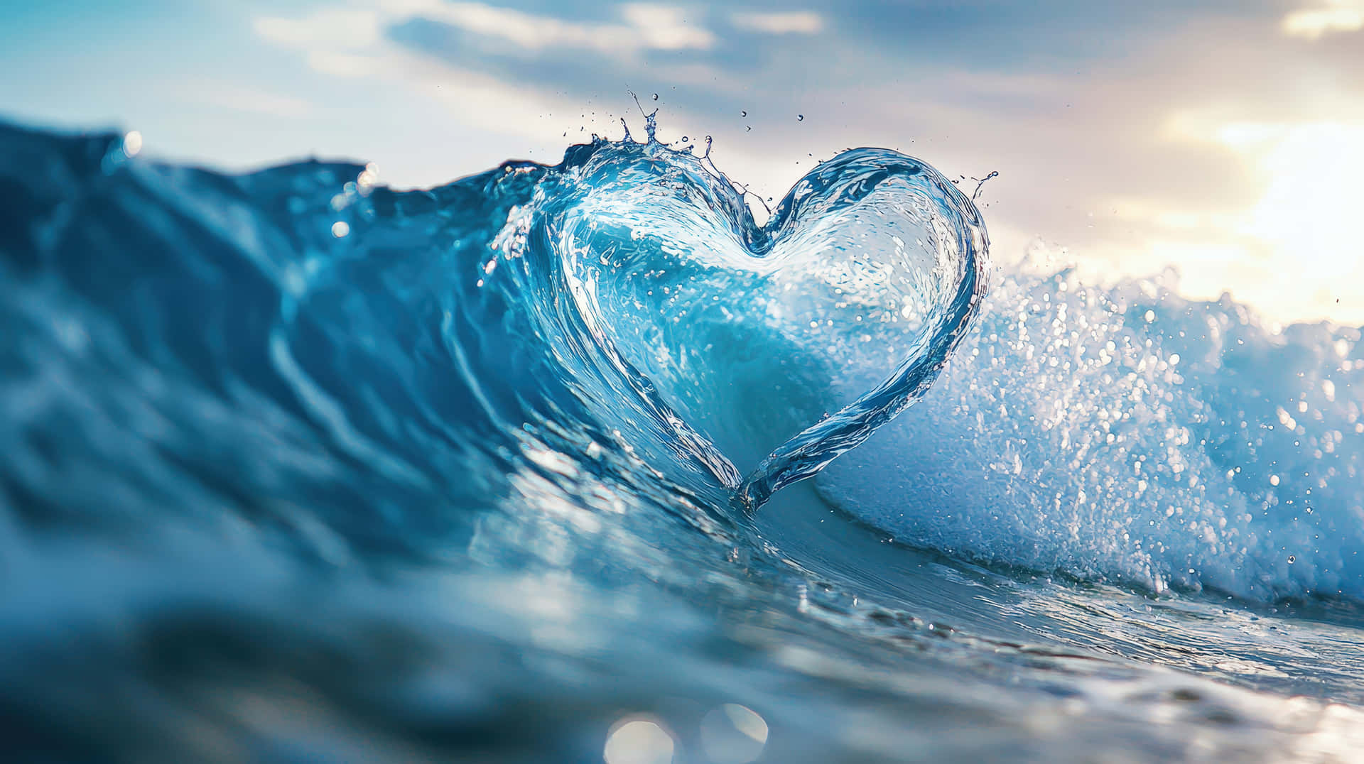 A stunning ocean wave forms a heart shape as it splashes, symbolizing love and nature 壁紙 — 在柔和的金色天空下，心形波浪在充滿活力的藍色海水中捲曲。