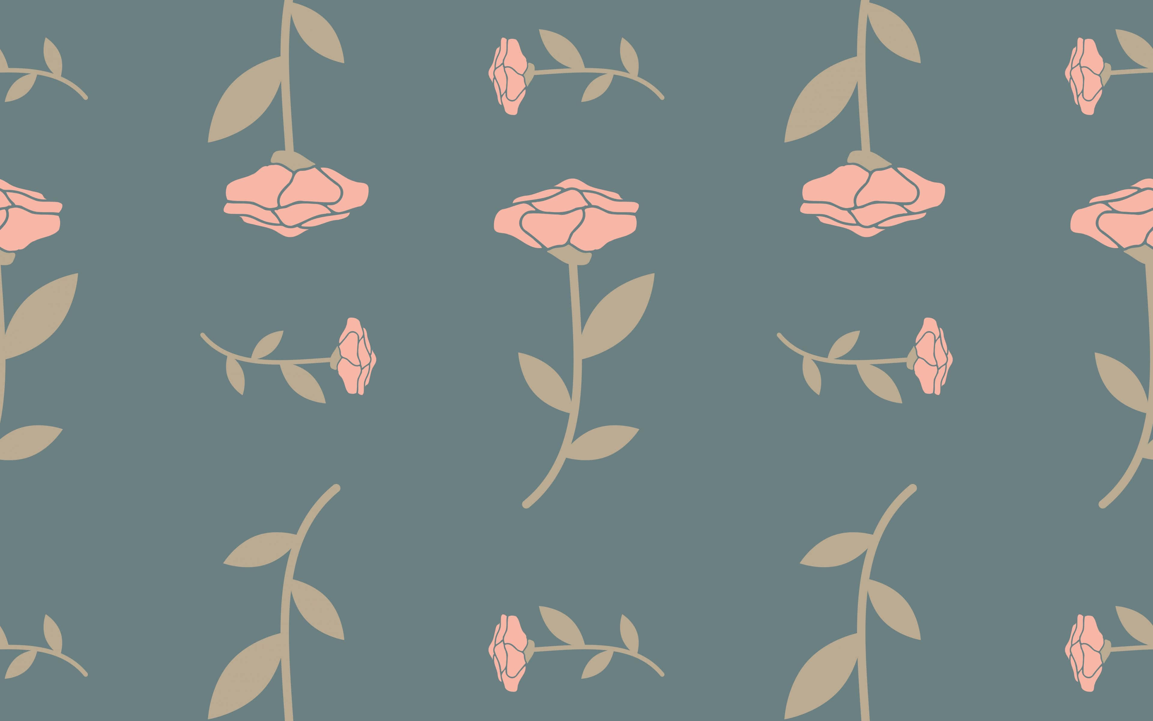 Rose Pattern 桌布 壁紙 — 在柔和的青綠色背景上，重複的圖案包含風格化的粉紅玫瑰和米色莖幹。