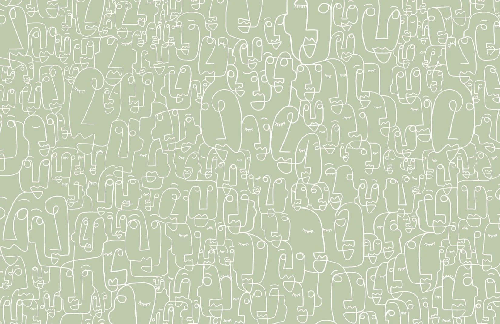 Sage Green Laptop 桌布 壁紙 — 在柔和的鼠尾草綠色背景上，以極簡白色線條繪製的臉部無縫圖案。