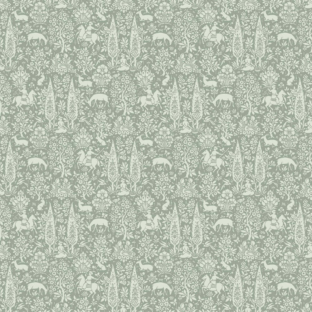 Sage 桌布 壁紙 — 在柔和的鼠尾草綠色背景上，重複出現白色風格化動物和植物的圖案。