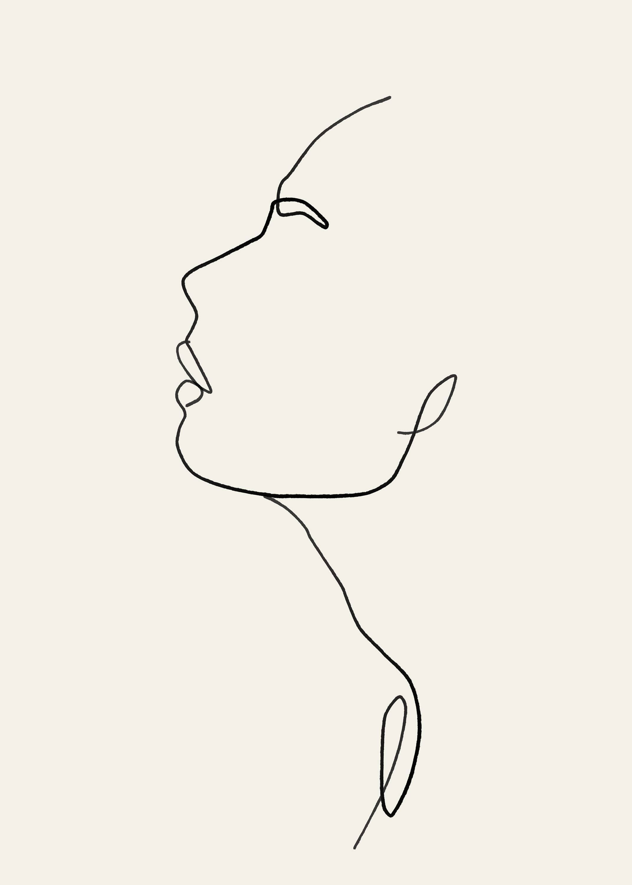Outline 桌布 壁紙 — 在柔和米色背景上，以優雅黑色繪製的女性側面極簡單線條畫。