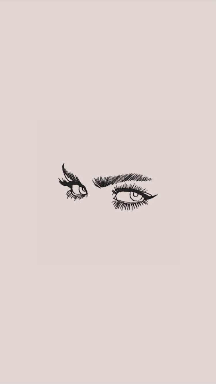 Aesthetic Drawings 桌布 壁紙 — 在柔和米色背景上，以極簡線條藝術繪製的兩隻富有表現力的人類眼睛，帶有長睫毛和清晰的眉毛。
