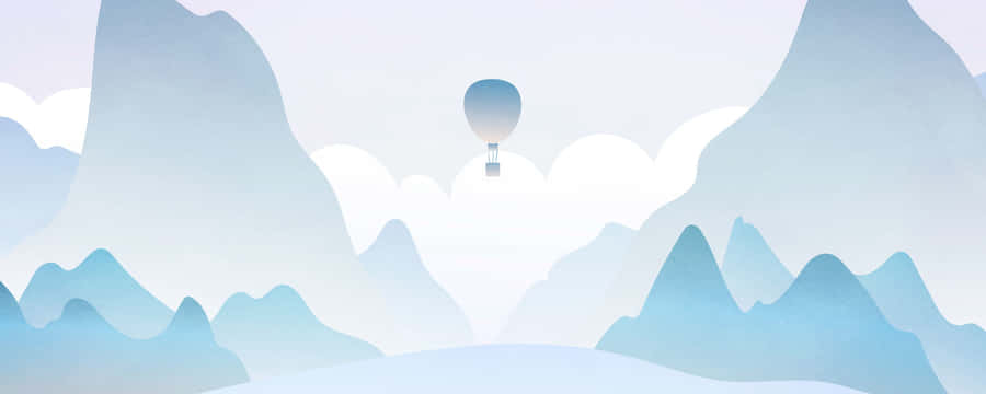 Minimalist Dual Monitor 桌布 壁紙 — 在柔和粉彩的天空下，一個孤獨的熱氣球在層疊的藍色山脈之間寧靜地飄浮。