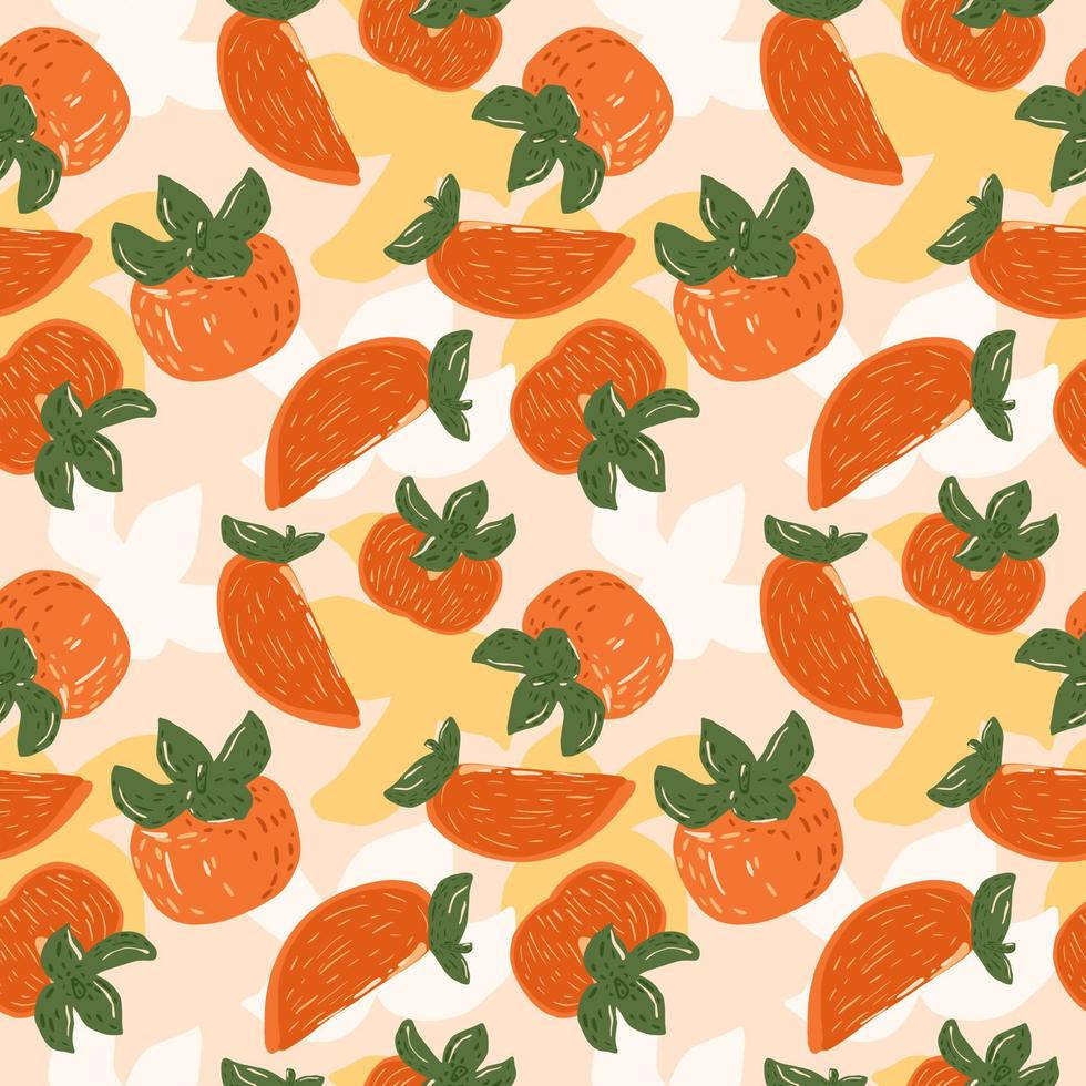 Fruit 桌布 壁紙 — 在柔和粉彩背景上重複出現的手繪橙色和綠色柿子圖案。