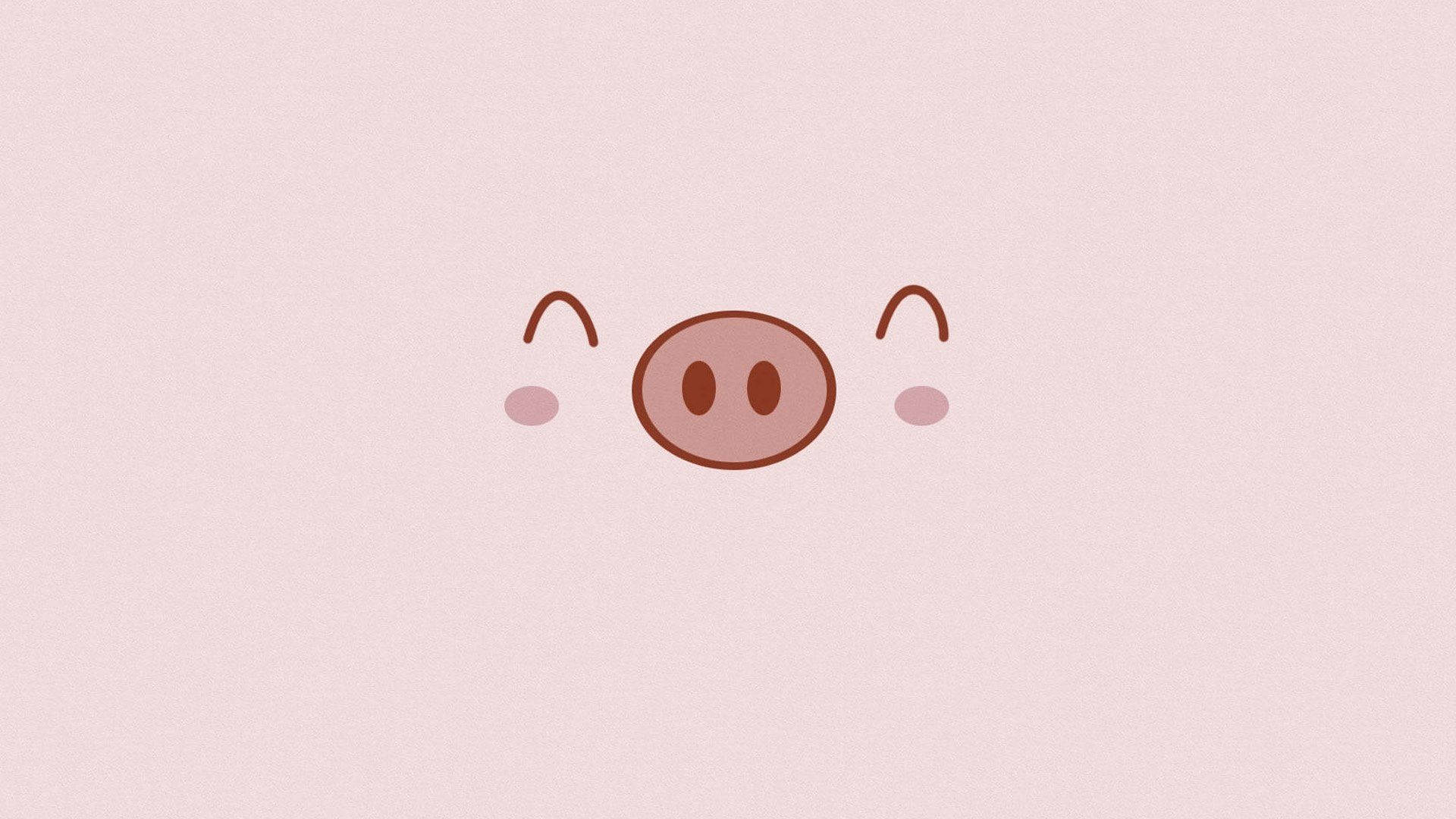 cute aesthetic pc 桌布 壁紙 — 在柔和粉紅色背景上，一個帶有玫瑰色臉頰和彎曲耳朵的極簡可愛豬臉。
