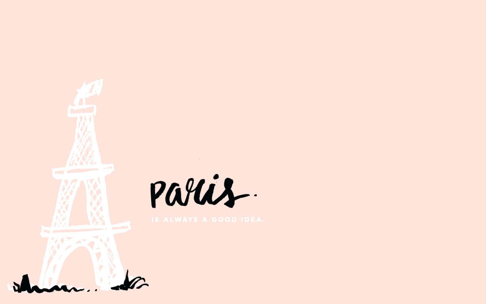 french 桌布 壁紙 — 在柔和粉紅色背景上，以手寫巴黎文字點綴的簡約白色線條艾菲爾鐵塔圖案。