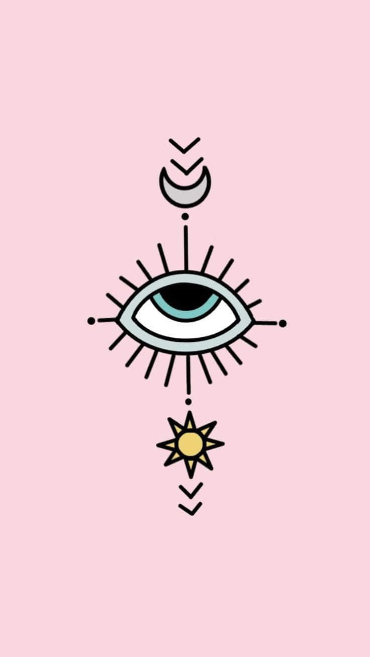 Evil Eye 桌布 壁紙 — 在柔和粉紅色背景上，帶有太陽、月亮和箭頭的極簡線條藝術眼睛符號。